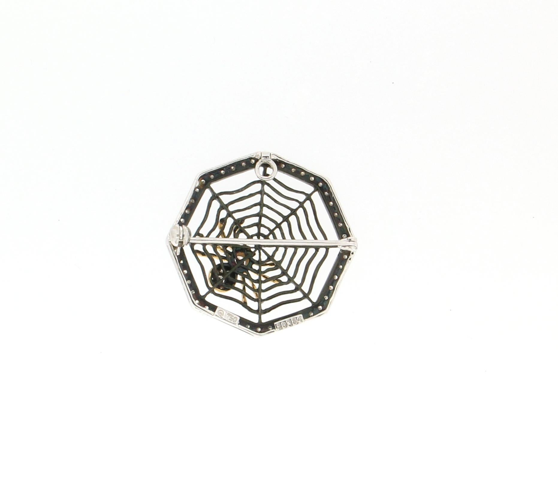 Artisan Handcraft Spider Web 18 Karat White and Yellow Gold Diamonds Brooch