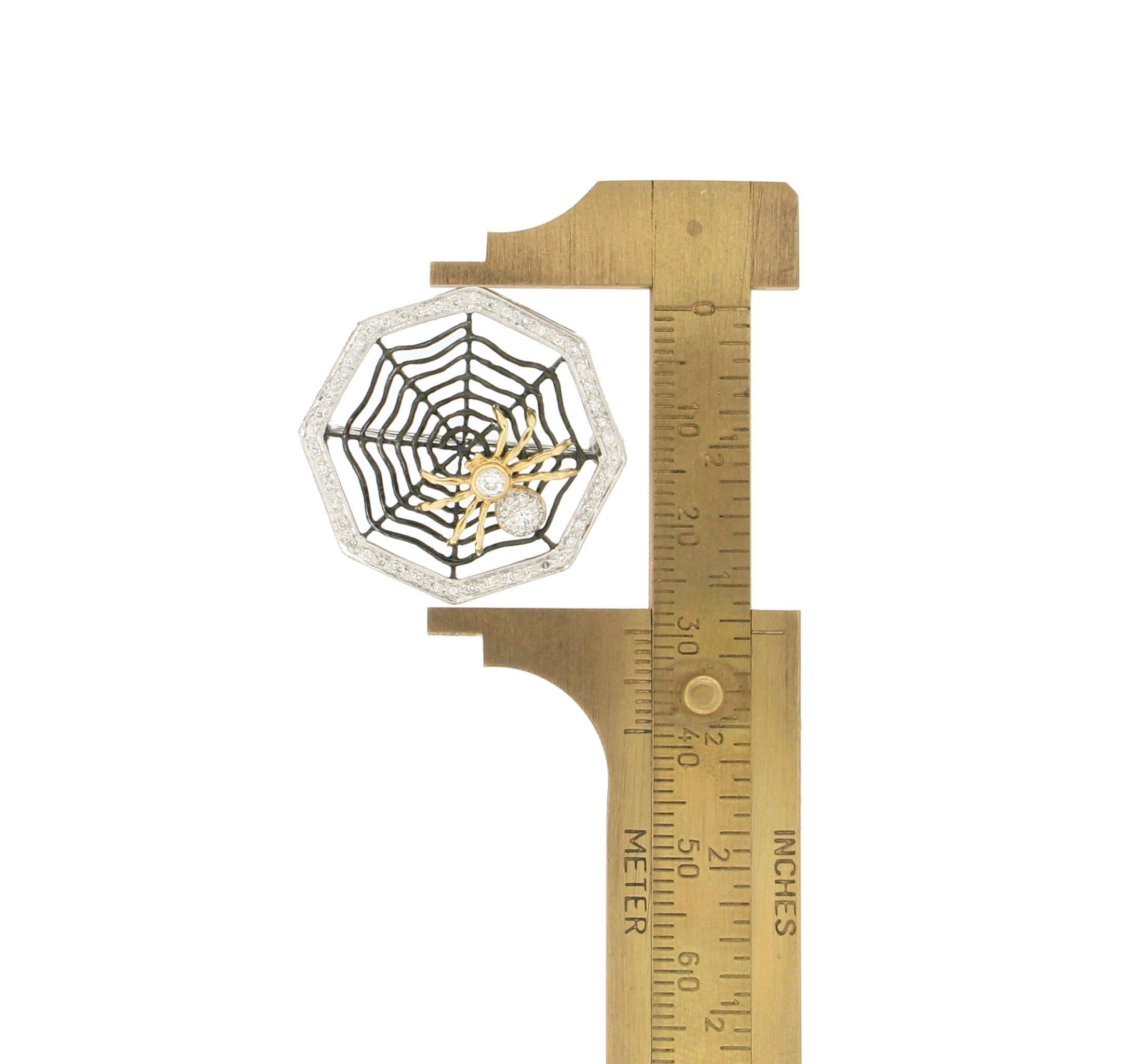 Brilliant Cut Handcraft Spider Web 18 Karat White and Yellow Gold Diamonds Brooch