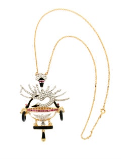 Handcraft Swan 18 Karat Gold Diamonds Ruby Onyx Pendant Necklace