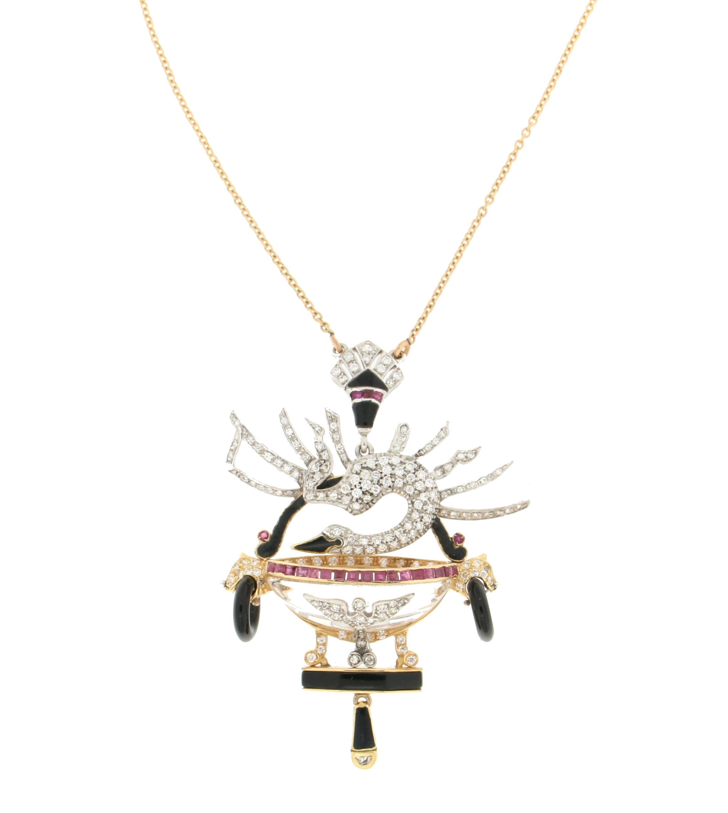 Artisan Handcraft Swan 18 Karat Gold Diamonds Ruby Onyx Pendant Necklace For Sale
