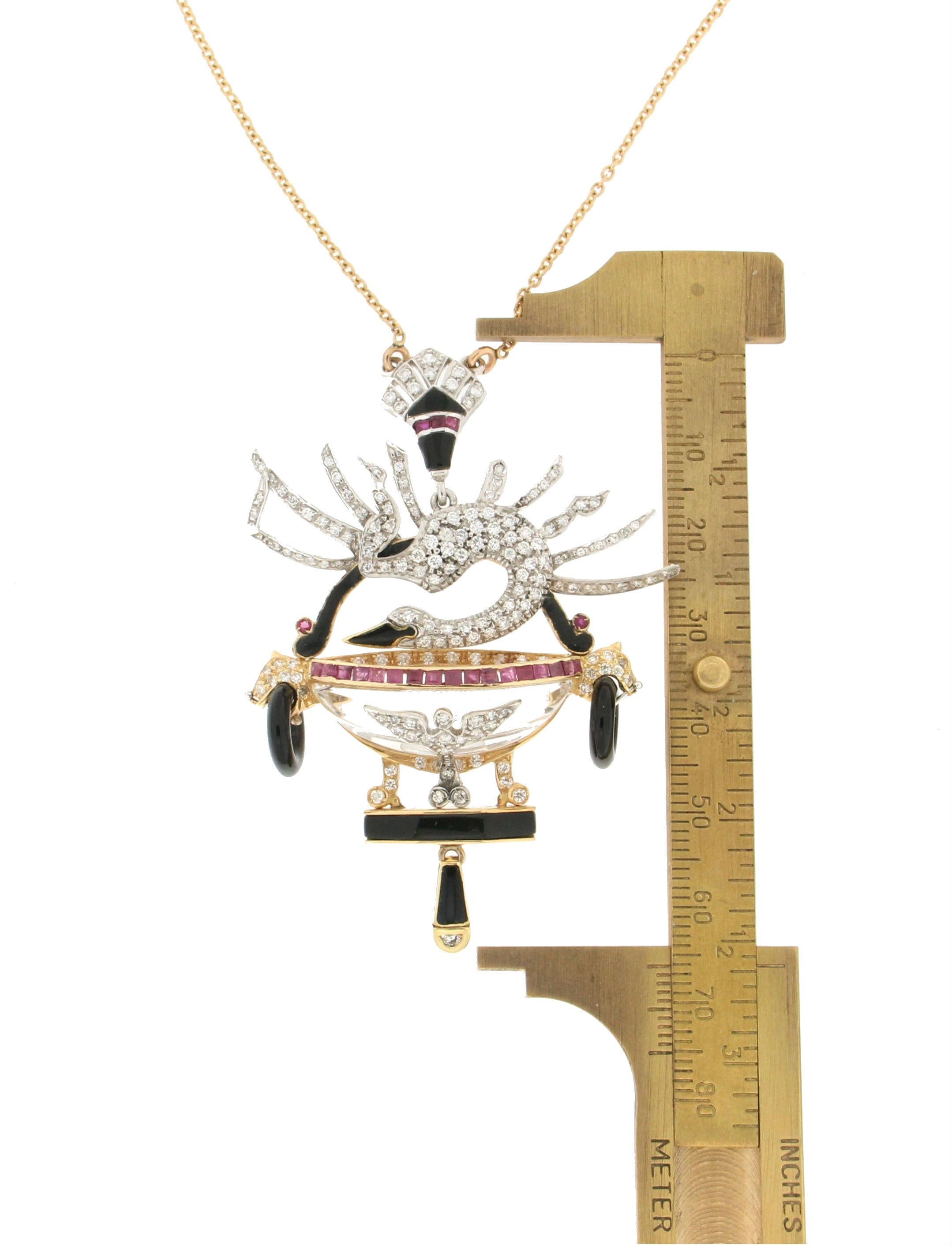 Mixed Cut Handcraft Swan 18 Karat Gold Diamonds Ruby Onyx Pendant Necklace For Sale