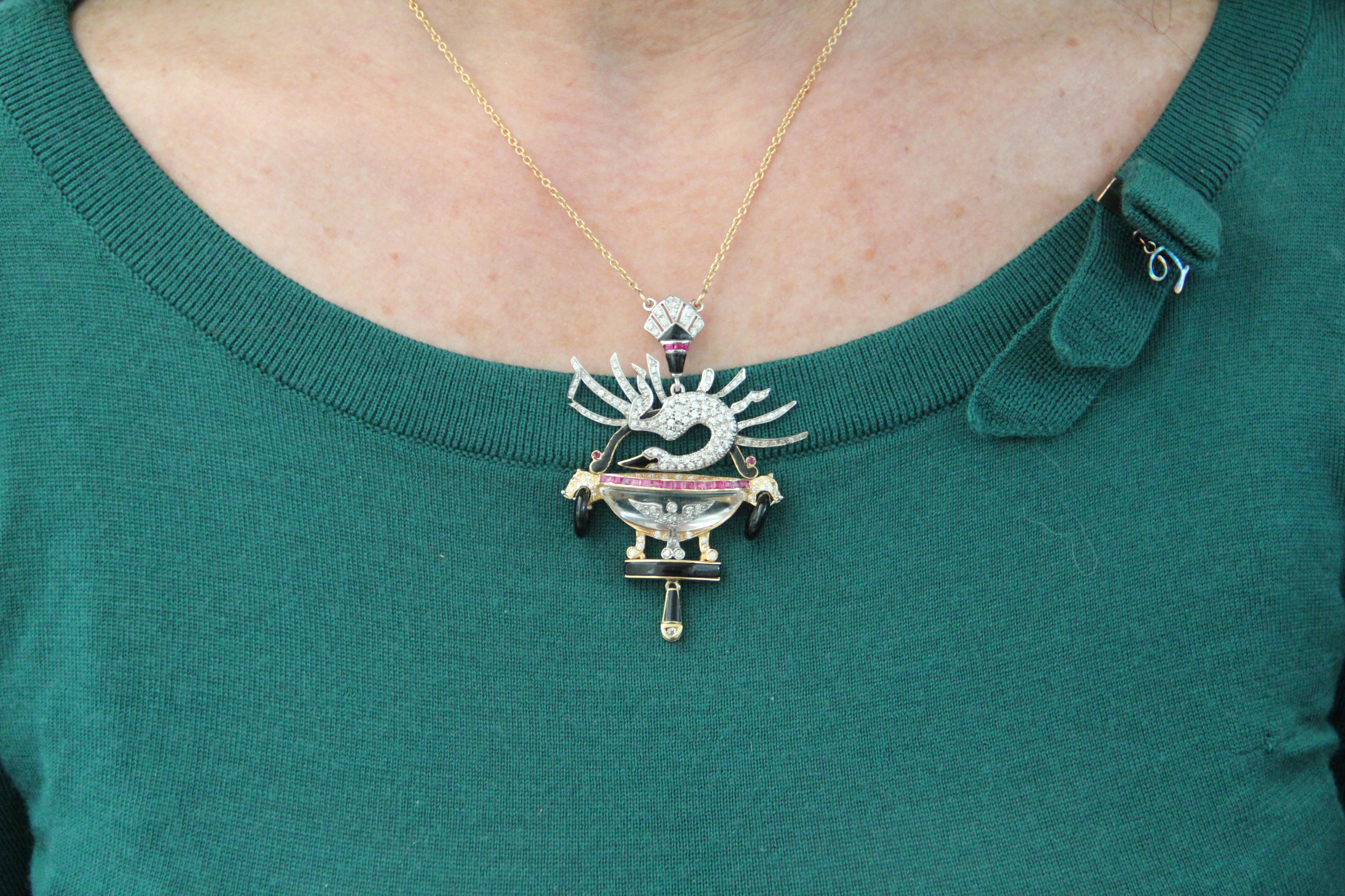 Women's or Men's Handcraft Swan 18 Karat Gold Diamonds Ruby Onyx Pendant Necklace For Sale