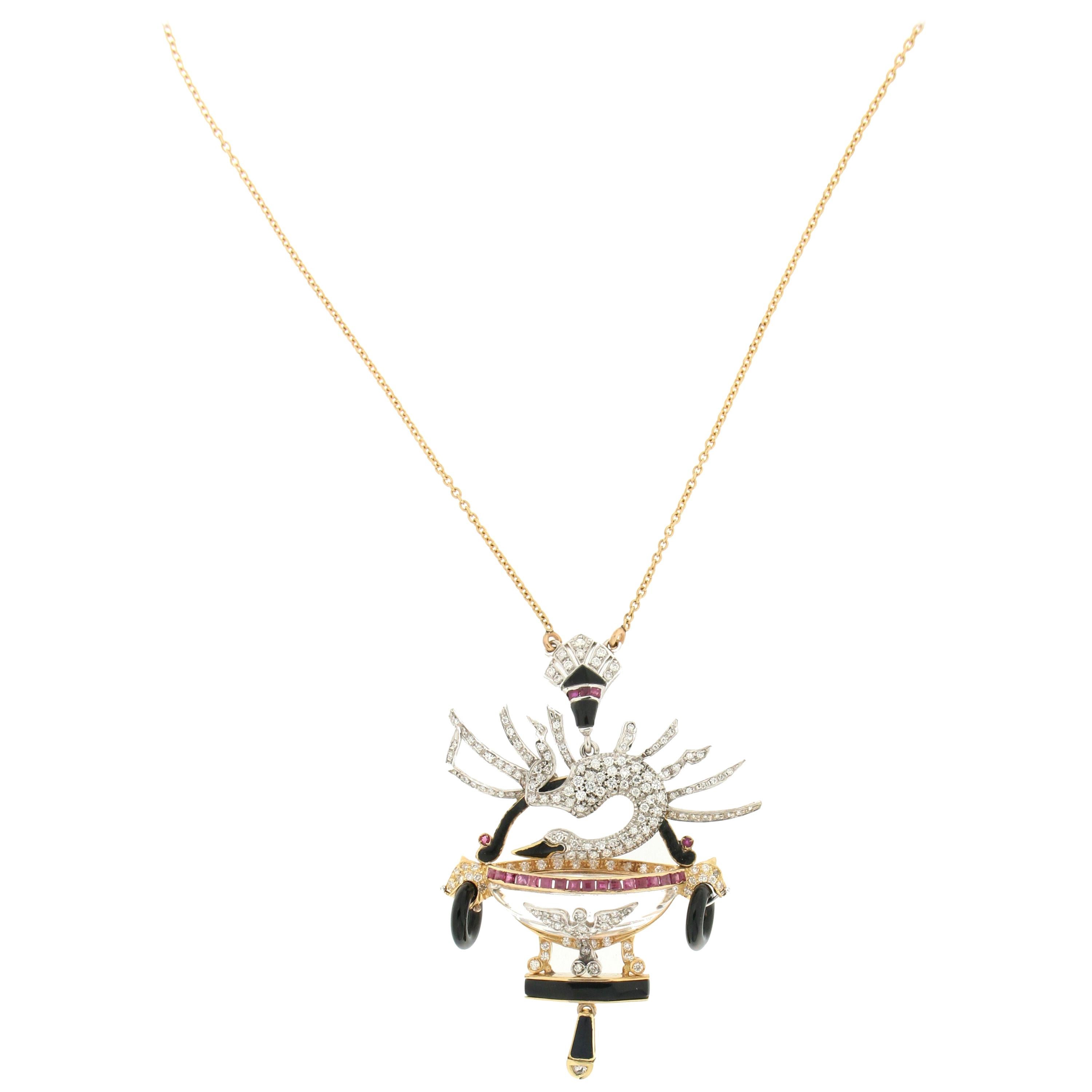 Collier pendentif cygne artisanal en or 18 carats, diamants, rubis et onyx