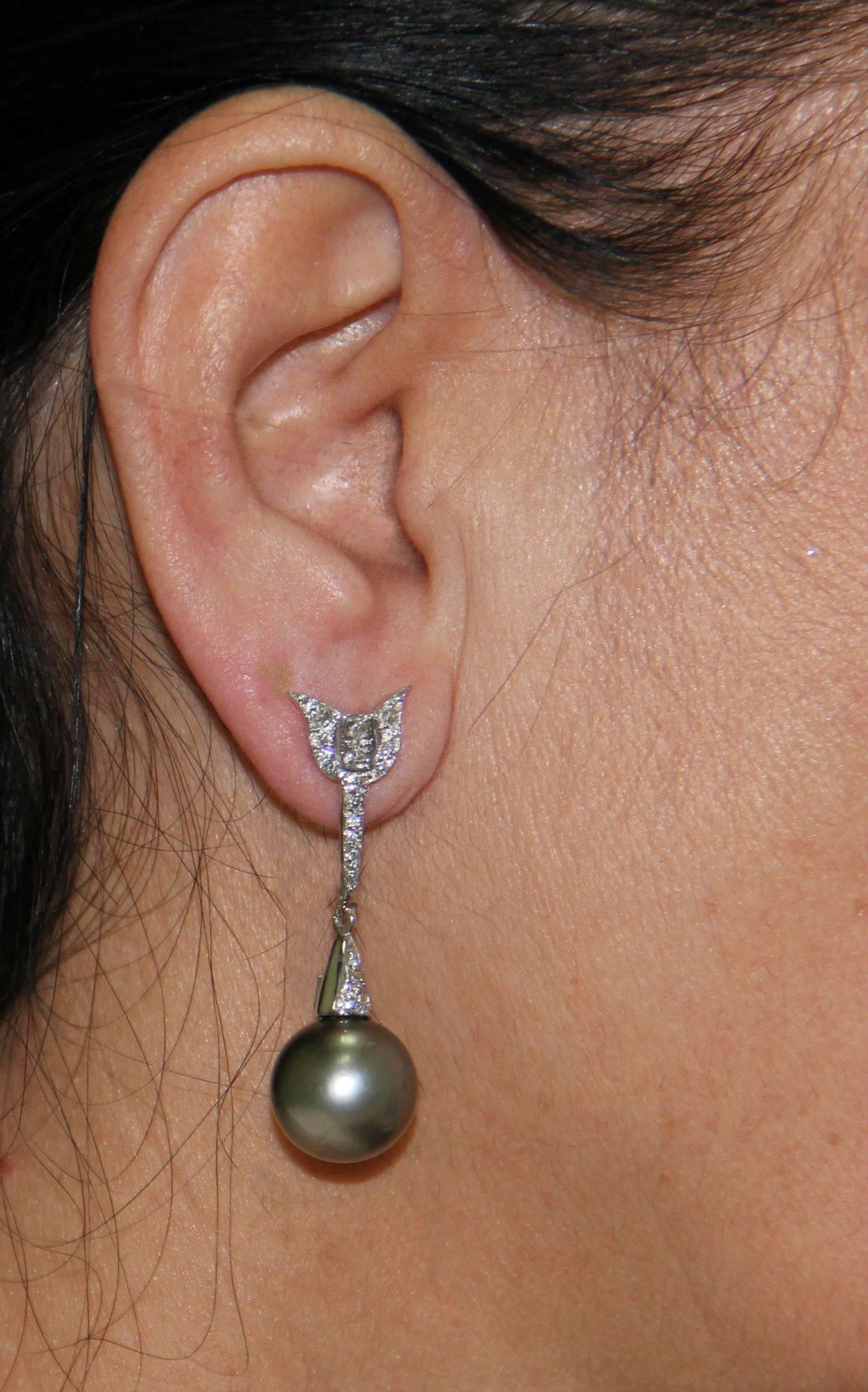 Women's or Men's Handcraft Tahiti Pearls 18 Karat White Gold Diamonds Drop Earrings For Sale