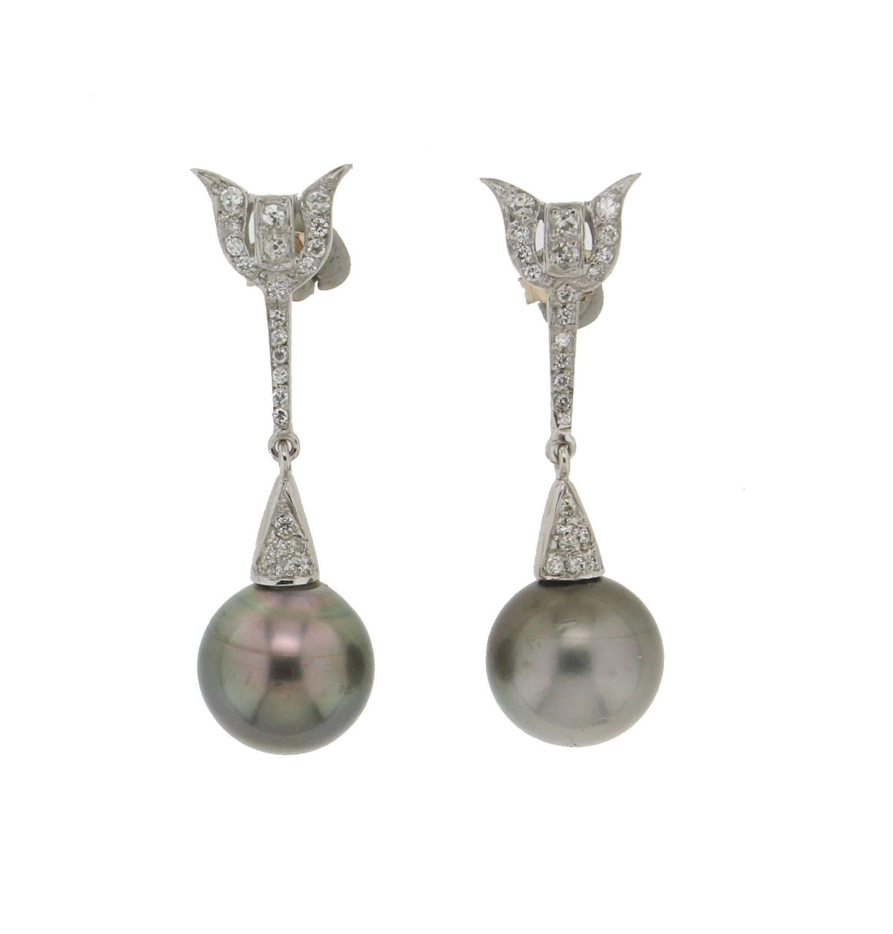 Handcraft Tahiti Pearls 18 Karat White Gold Diamonds Drop Earrings For Sale 2