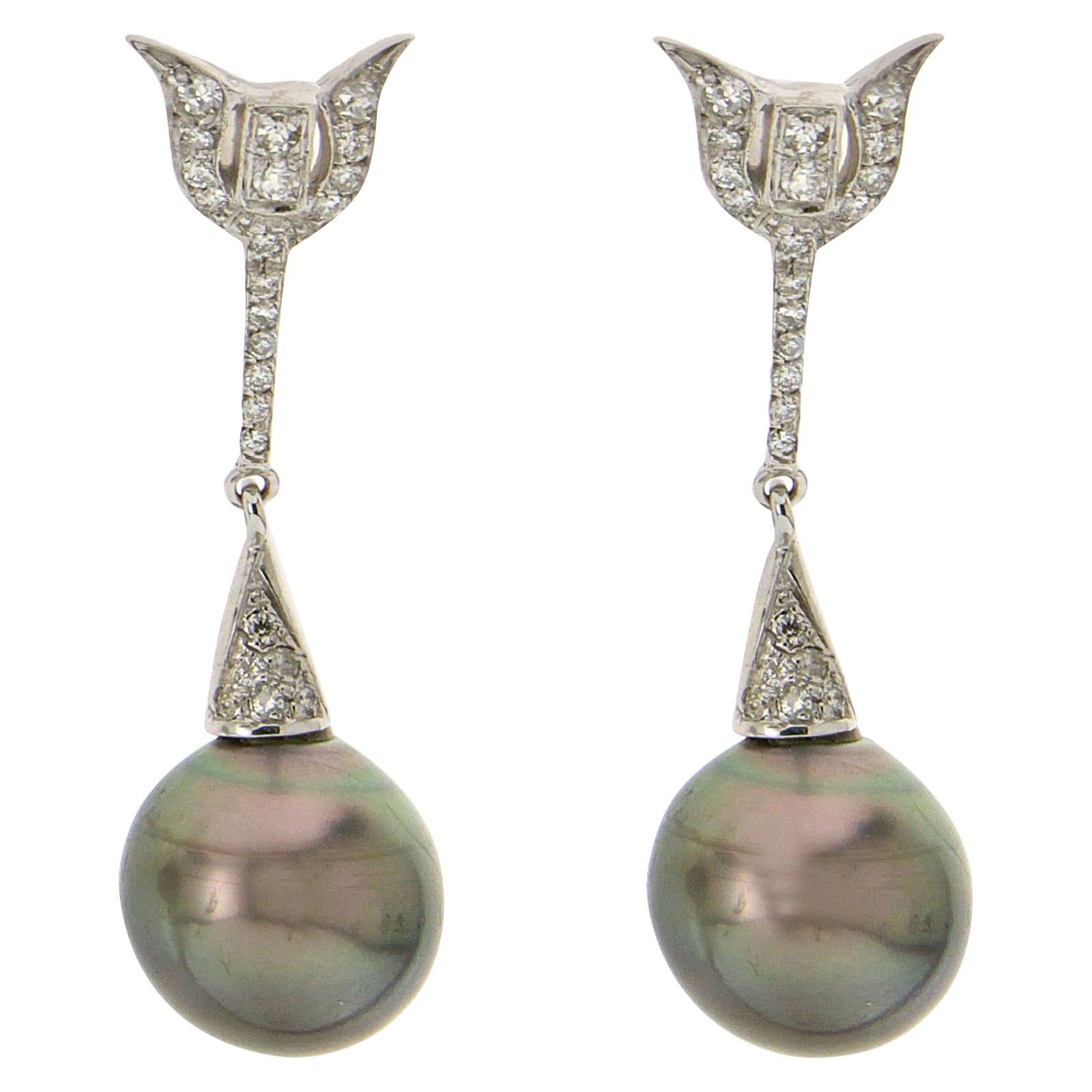 Handcraft Tahiti Pearls 18 Karat White Gold Diamonds Drop Earrings For Sale