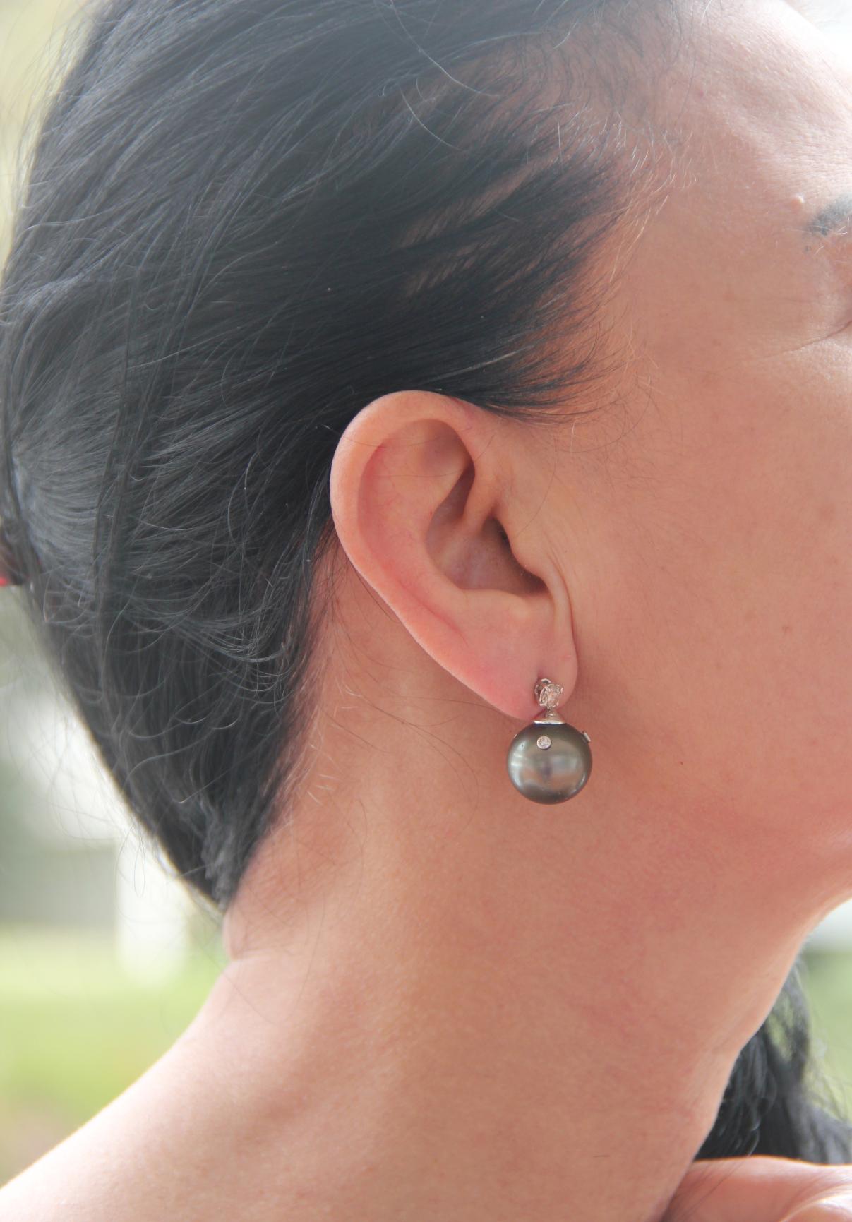 Women's Handcraft Tahiti Pearls 18 Karat White Gold Diamonds Stud Earrings For Sale