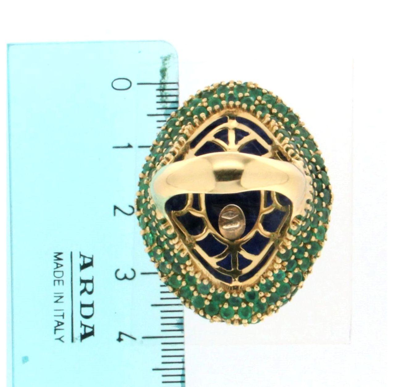 Handcraft Tanzanite 18 Karat Yellow Gold Diamonds Emeralds Cocktail Ring For Sale 3