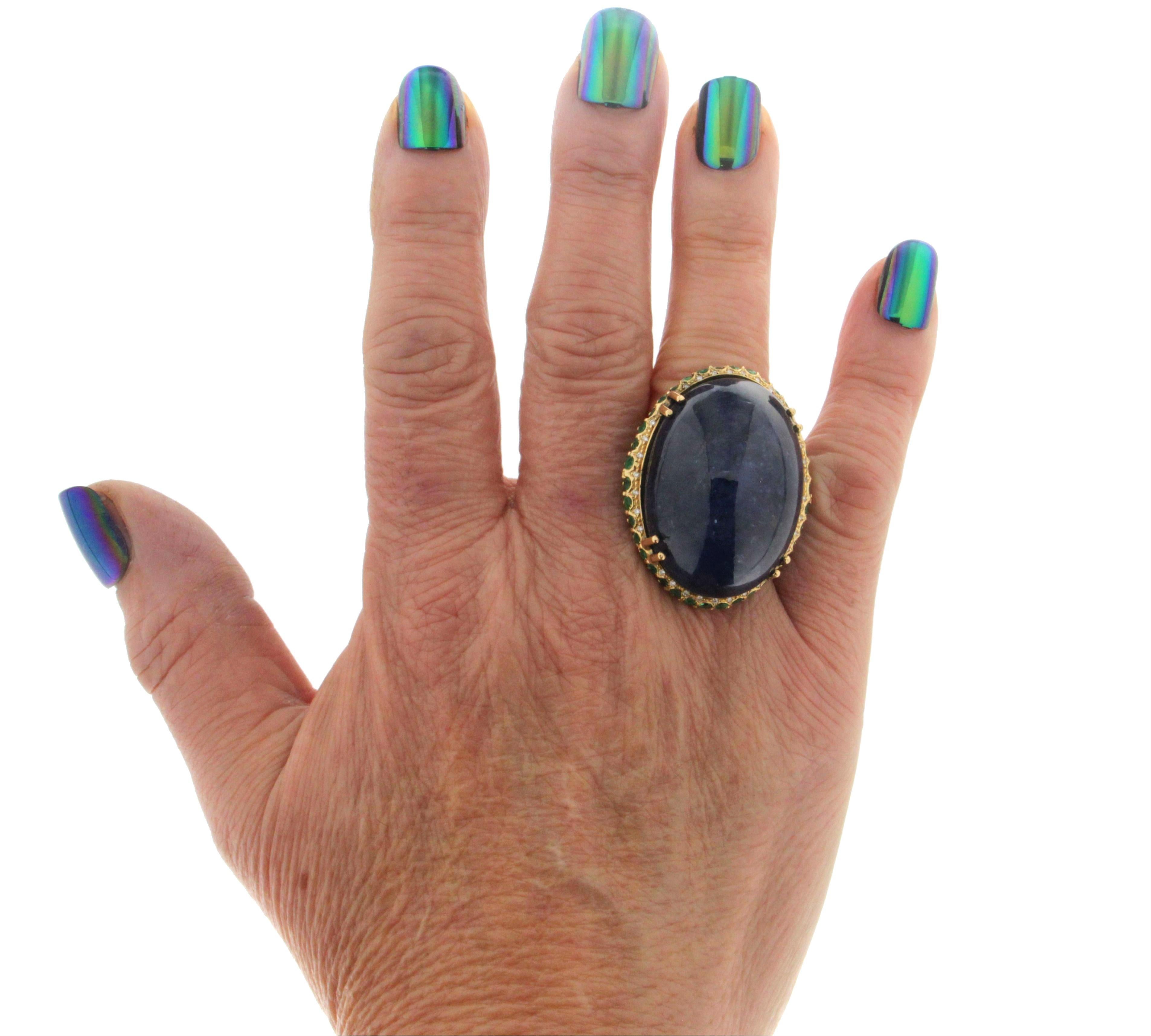 Handcraft Tanzanite 18 Karat Yellow Gold Diamonds Emeralds Cocktail Ring For Sale 4