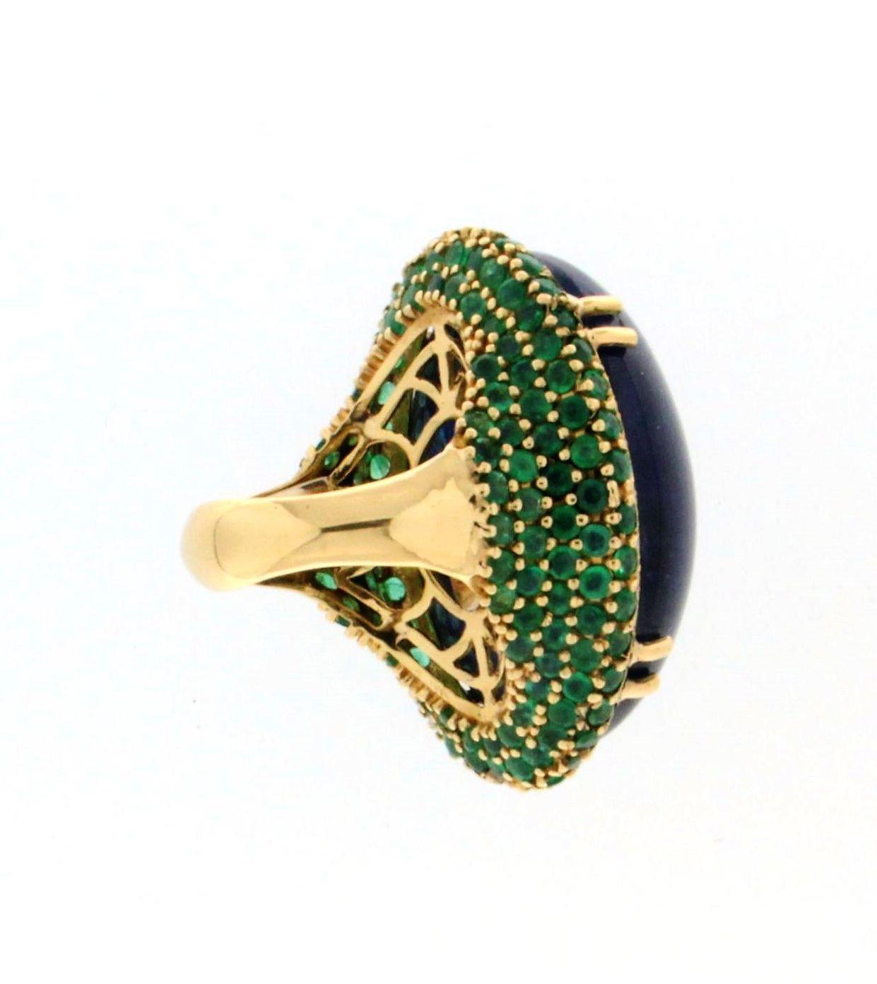 Artisan Handcraft Tanzanite 18 Karat Yellow Gold Diamonds Emeralds Cocktail Ring For Sale