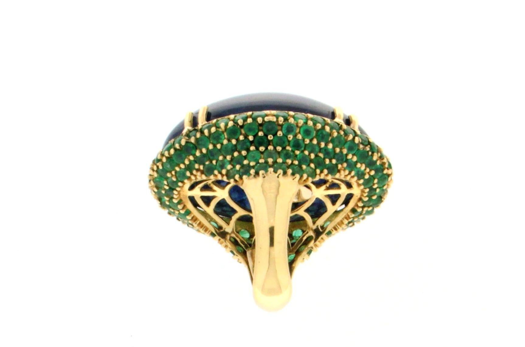 Emerald Cut Handcraft Tanzanite 18 Karat Yellow Gold Diamonds Emeralds Cocktail Ring For Sale