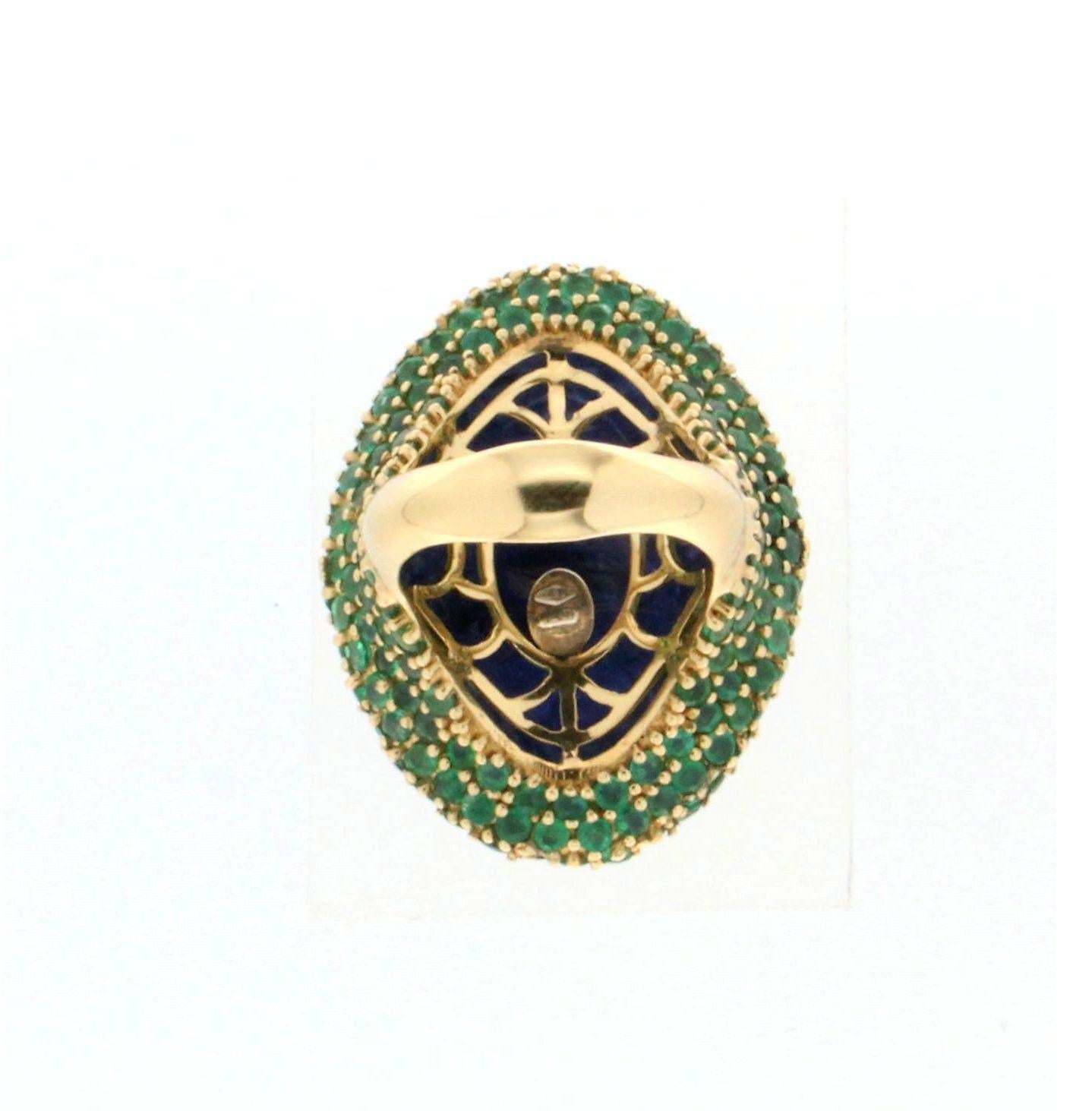 Women's or Men's Handcraft Tanzanite 18 Karat Yellow Gold Diamonds Emeralds Cocktail Ring For Sale