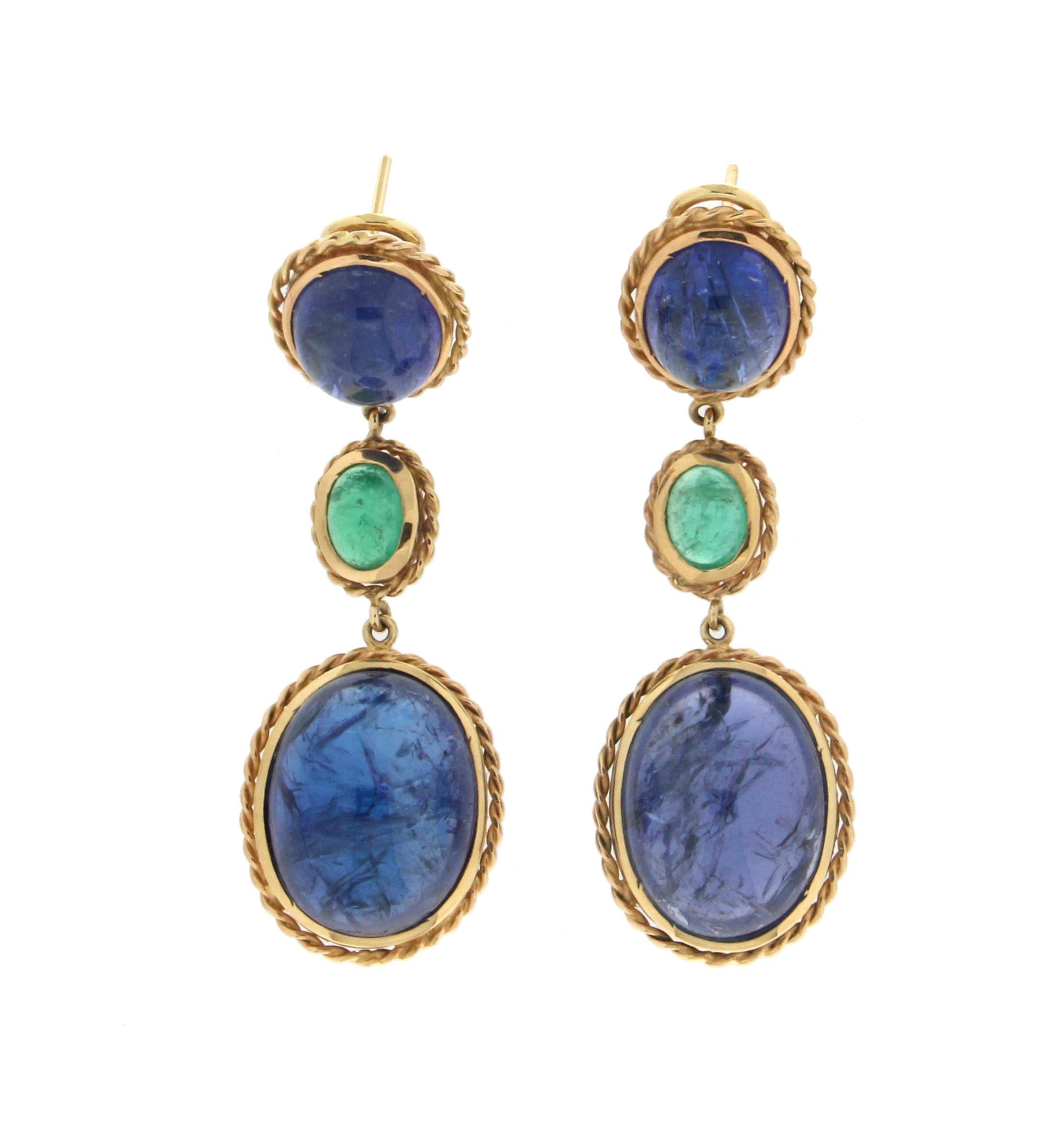 Artisan Handcraft Tanzanite 18 Karat Yellow Gold Emeralds Drop Earrings