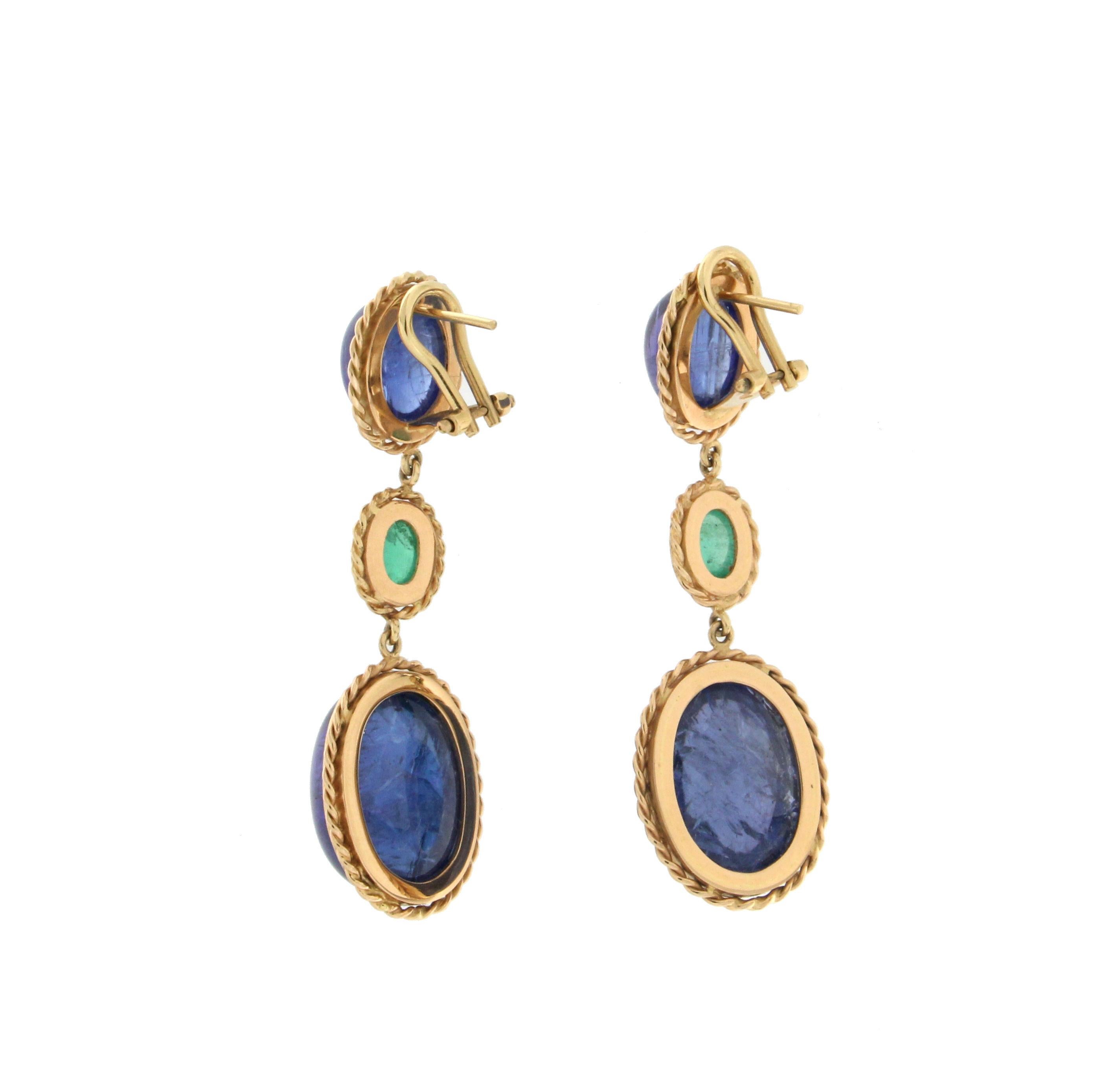 Oval Cut Handcraft Tanzanite 18 Karat Yellow Gold Emeralds Drop Earrings
