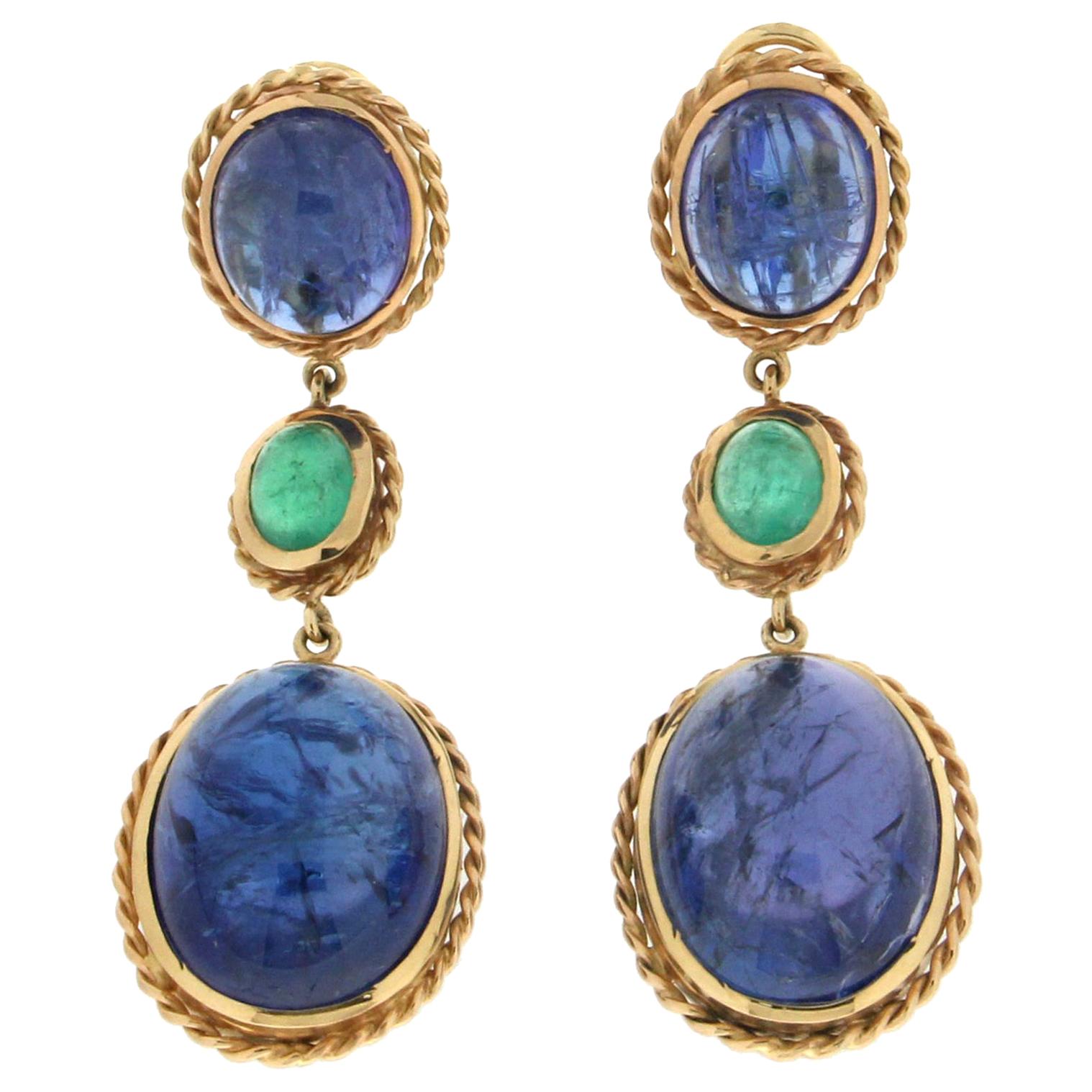 Handcraft Tanzanite 18 Karat Yellow Gold Emeralds Drop Earrings