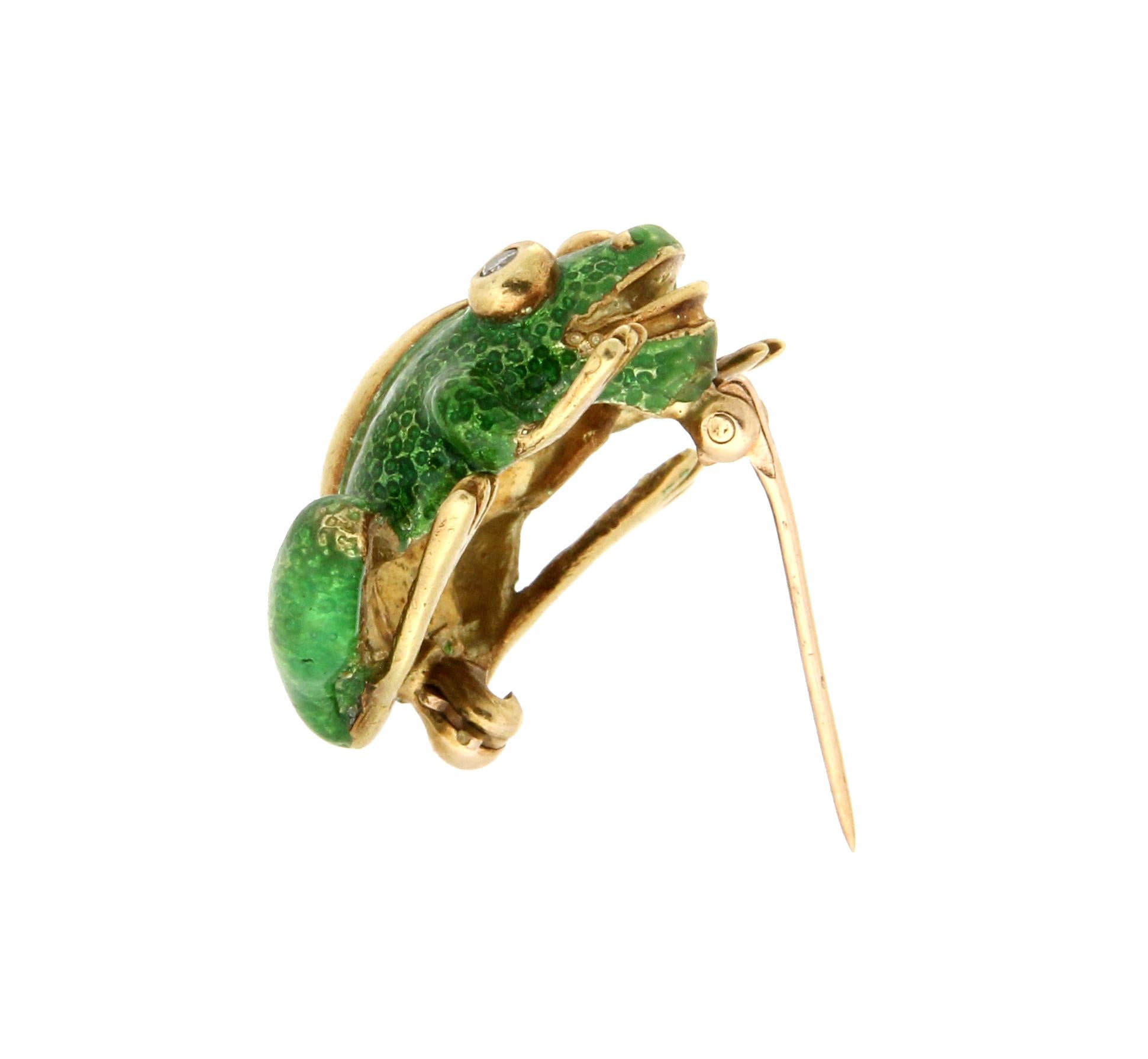 Handcraft Tiffany & Co. Frog 18 Karat Yellow Gold Diamonds Enamel Brooch In New Condition In Marcianise, IT