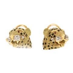 Handcraft Tiger 18 Karat Yellow Gold Diamonds Ruby Stud Earrings