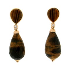 Handcraft Tiger
s Eye 18 Karat Yellow Gold Diamonds Drop Earrings