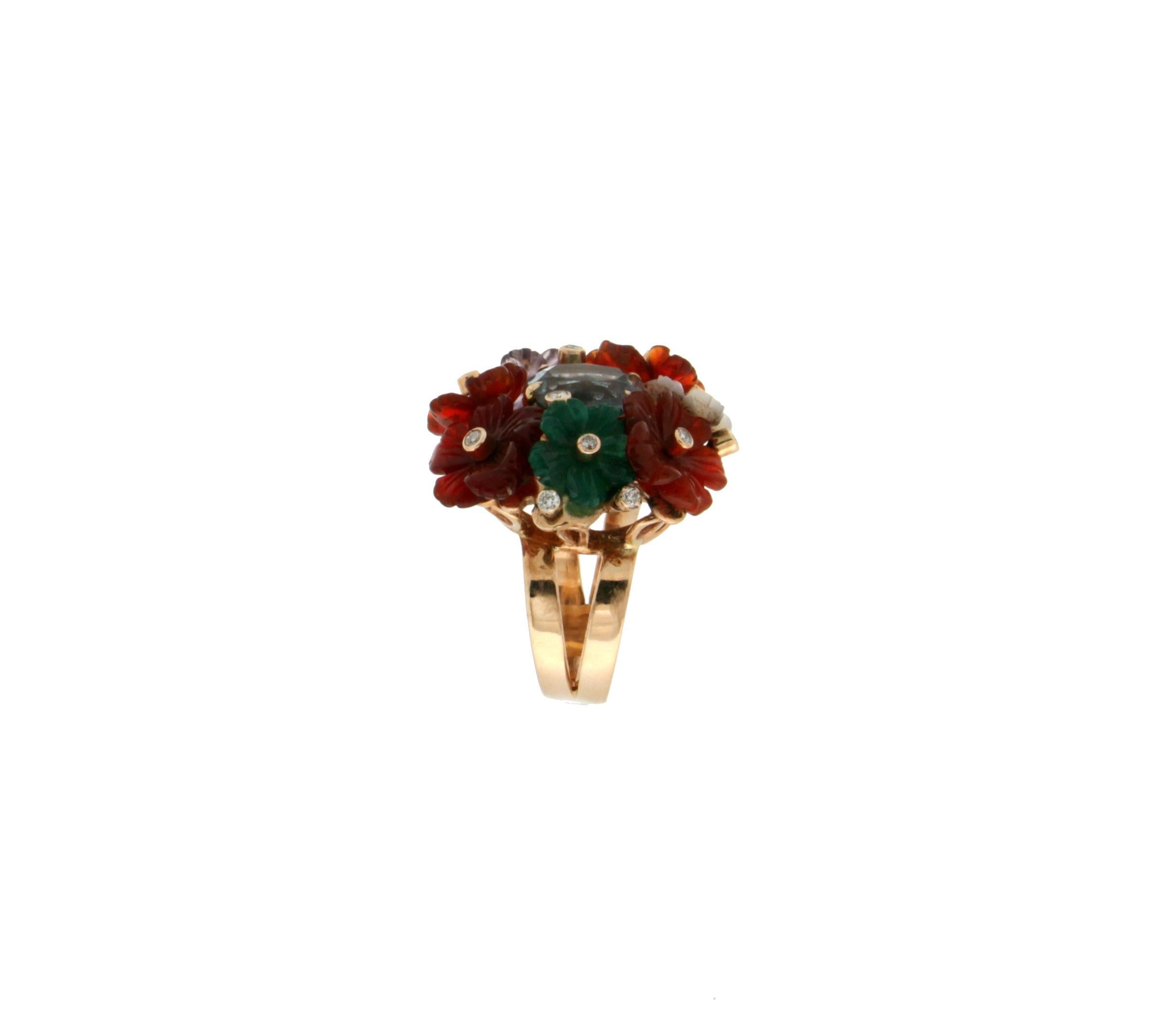 Handcraft Topaz 14 Karat Yellow Gold Flowers Stones and Diamonds Cocktail Ring In New Condition In Marcianise, IT