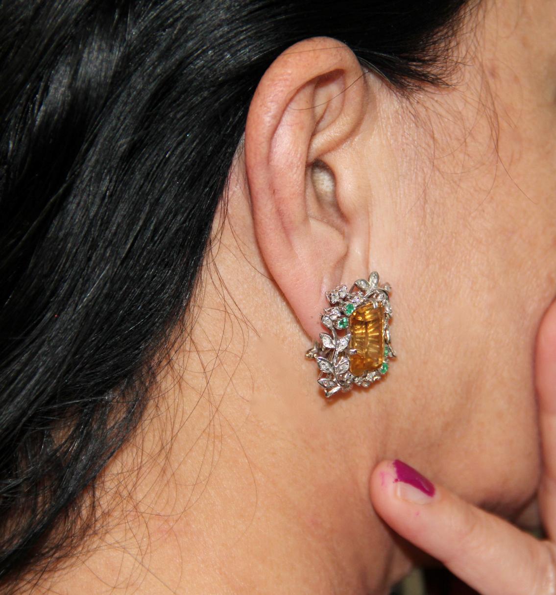 Handcraft Topaz 18 Karat White Gold Diamonds Emeralds Stud Earrings For Sale 3