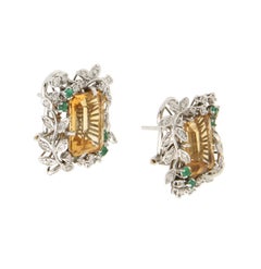 Contemporary Emerald-Cut Yellow Topaz, Diamond and Emerald Leaf Ear Clips in 18K