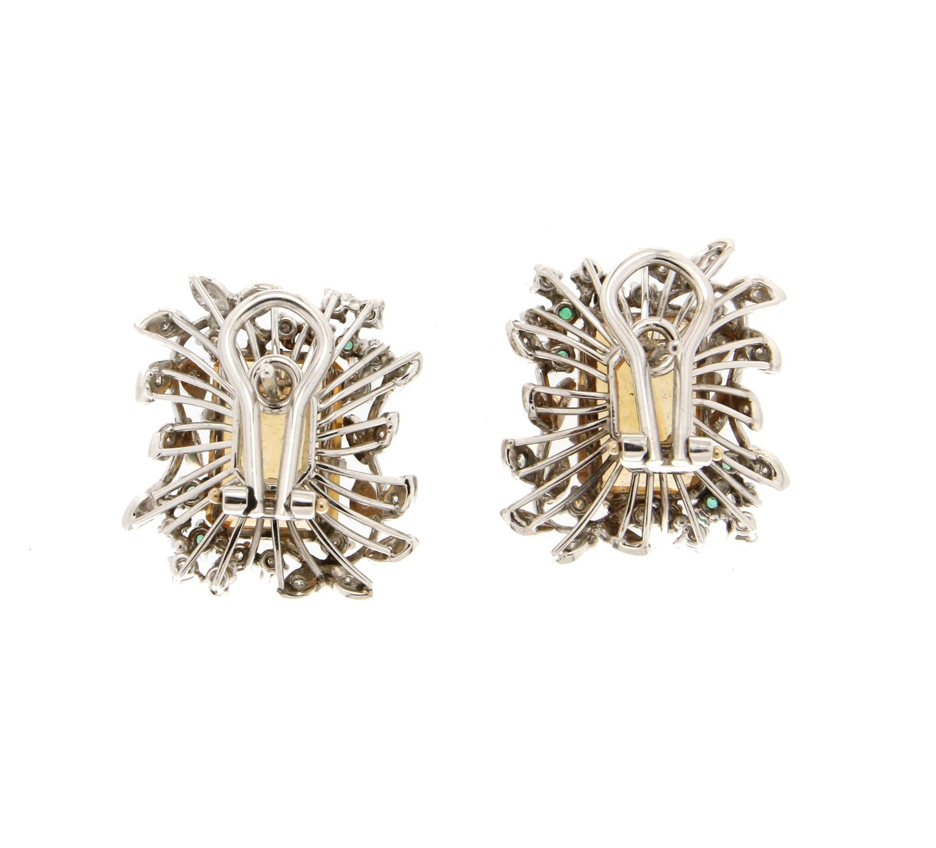 Artisan Handcraft Topaz 18 Karat White Gold Diamonds Emeralds Stud Earrings For Sale