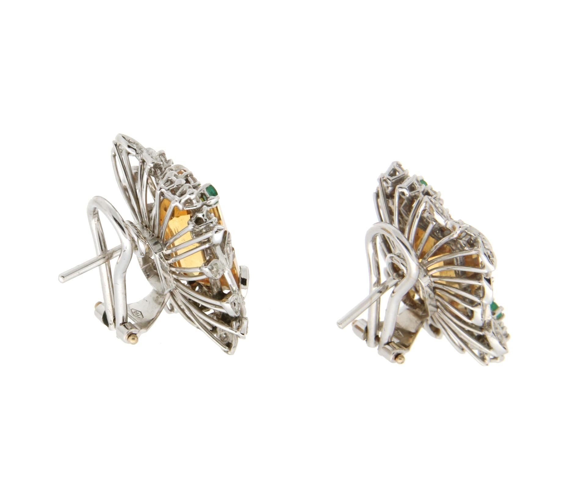 Brilliant Cut Handcraft Topaz 18 Karat White Gold Diamonds Emeralds Stud Earrings For Sale