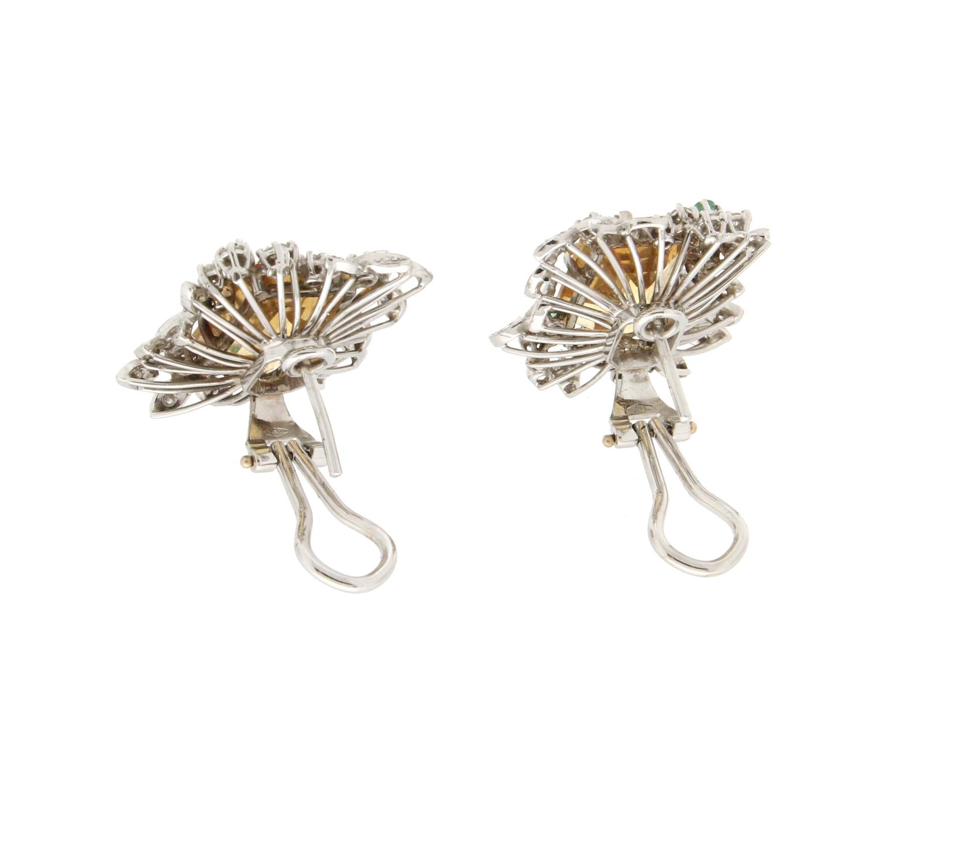Women's or Men's Handcraft Topaz 18 Karat White Gold Diamonds Emeralds Stud Earrings For Sale