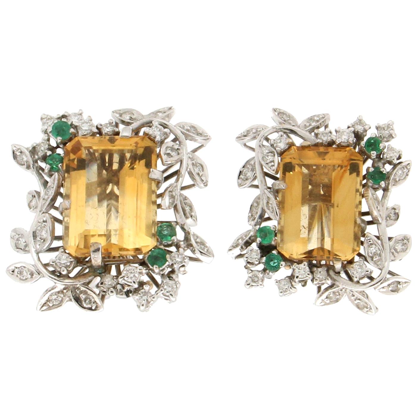Handcraft Topaz 18 Karat White Gold Diamonds Emeralds Stud Earrings