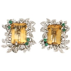 Pendientes Artesanales Topacio Oro Blanco 18 Kilates Diamantes Esmeraldas