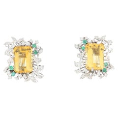Contemporary Emerald-Cut Yellow Topaz, Diamond and Emerald Leaf Ear Clips in 18K