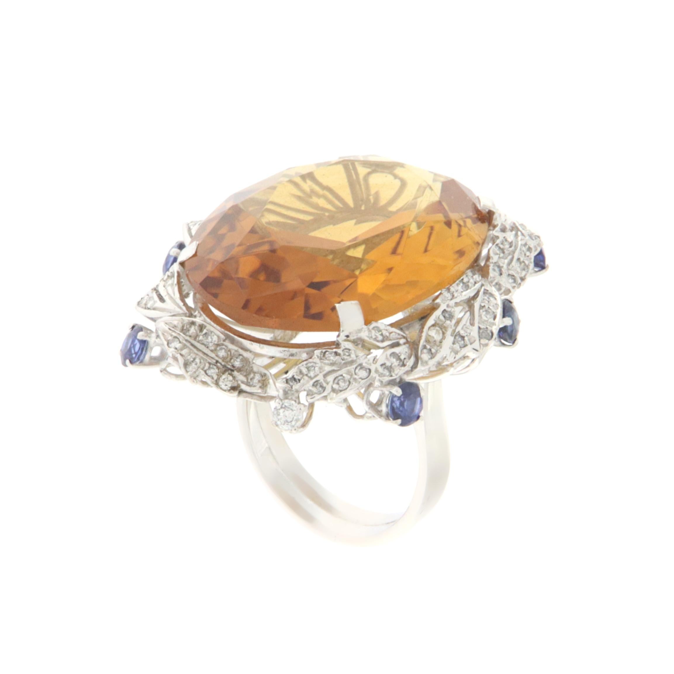 Women's or Men's Handcraft Topaz 18 Karat White Gold Sapphire Diamonds Cocktail Ring For Sale