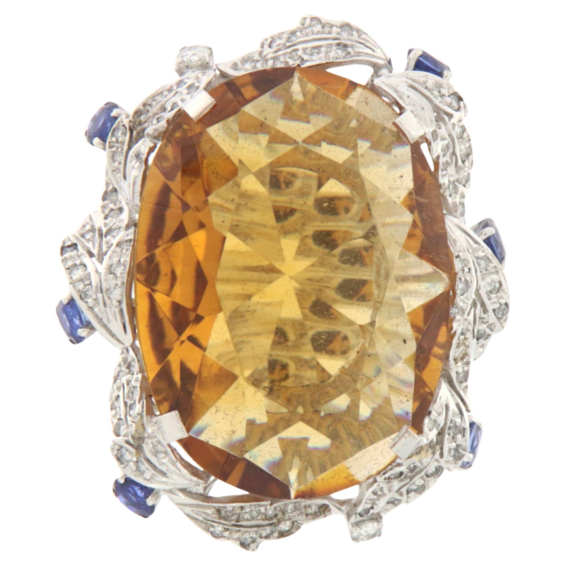 Handcraft Topas 18 Karat Weißgold Saphir Diamanten Cocktail Ring