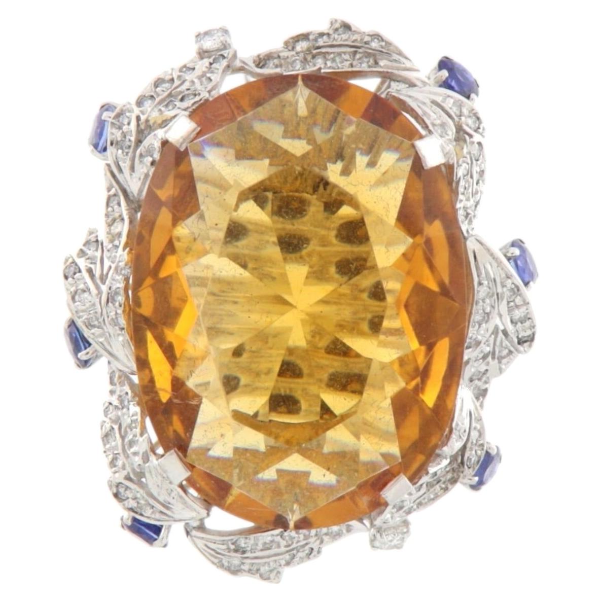 Contemporary 18K Gold Oval Imperial-Colored Topaz Sapphire Diamond Cocktail Ring For Sale