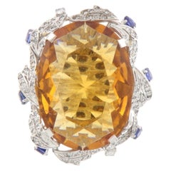 Contemporary 18K Gold Oval Imperial-Colored Topaz Sapphire Diamond Cocktail Ring