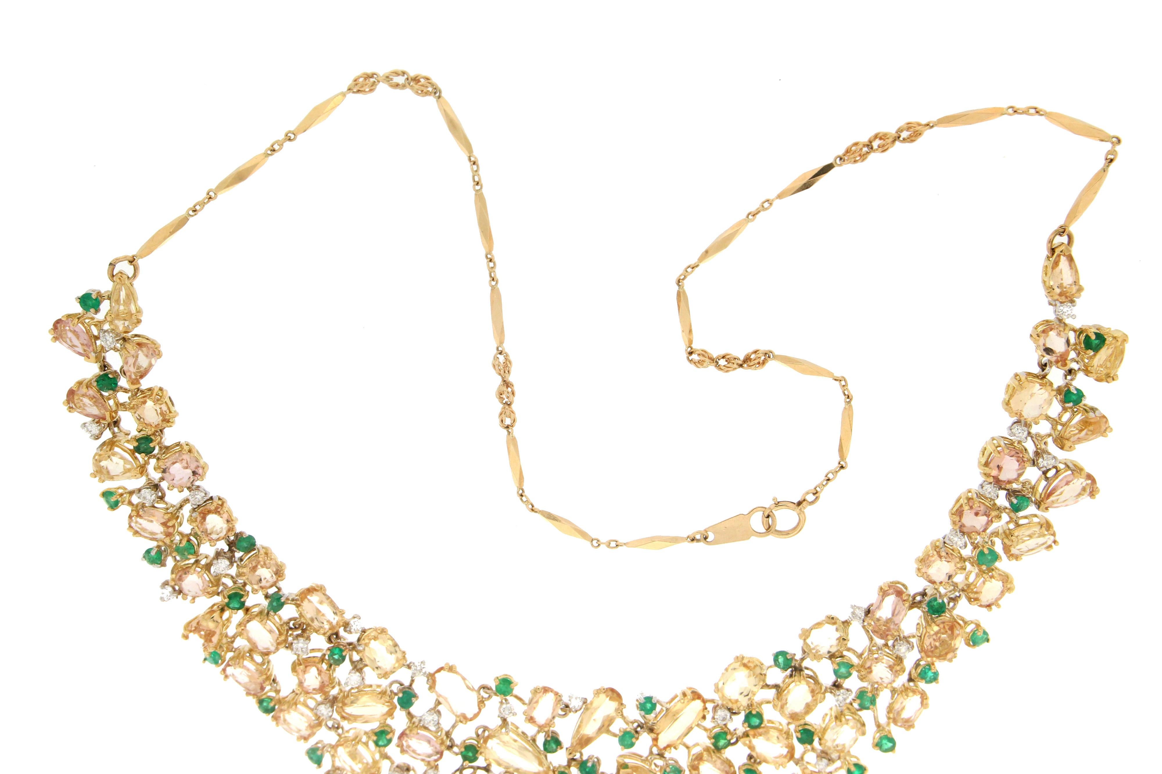 Artisan Handcraft Topaz 18 Karat Yellow Gold Diamonds Emeralds Choker Necklace For Sale