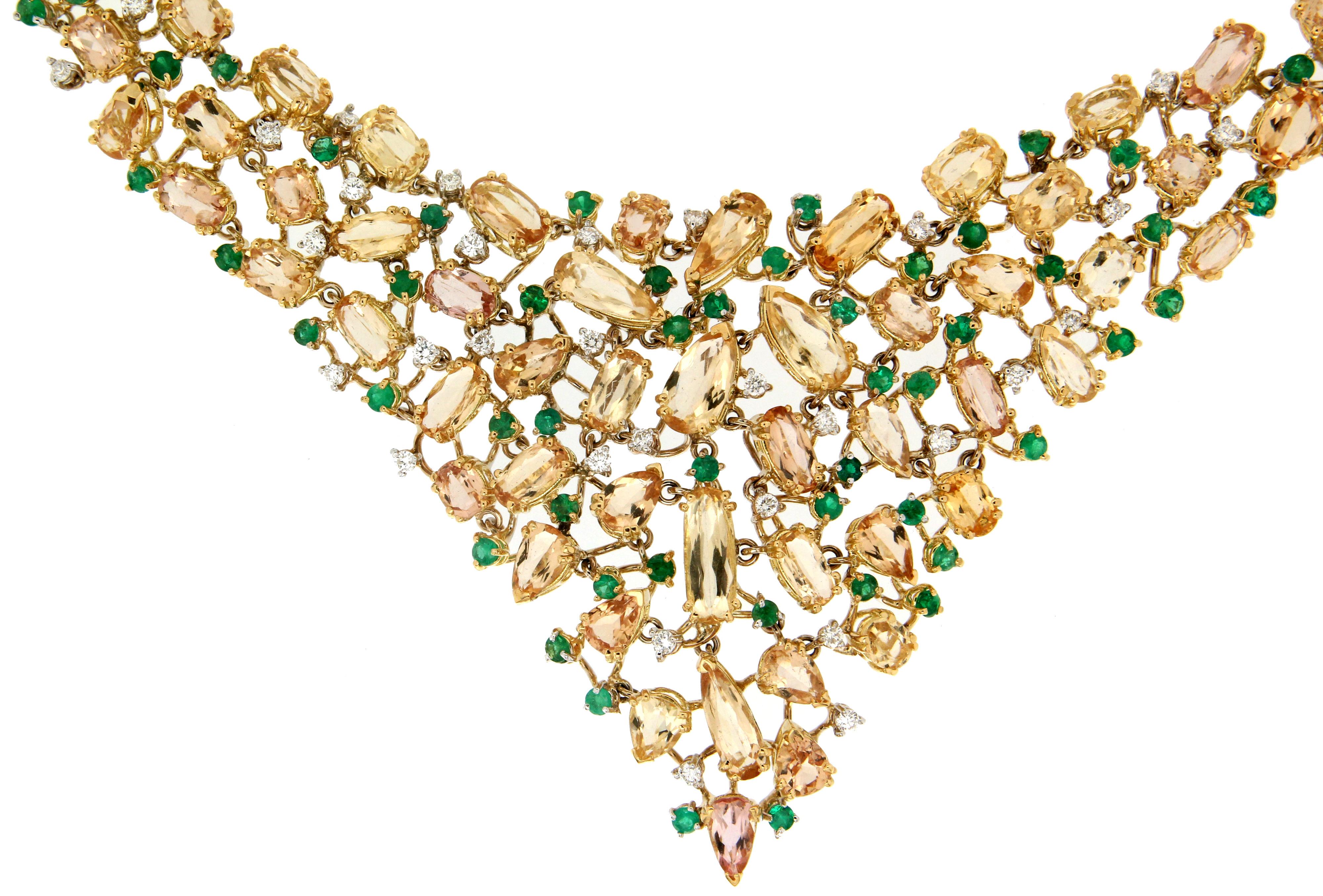 Brilliant Cut Handcraft Topaz 18 Karat Yellow Gold Diamonds Emeralds Choker Necklace For Sale