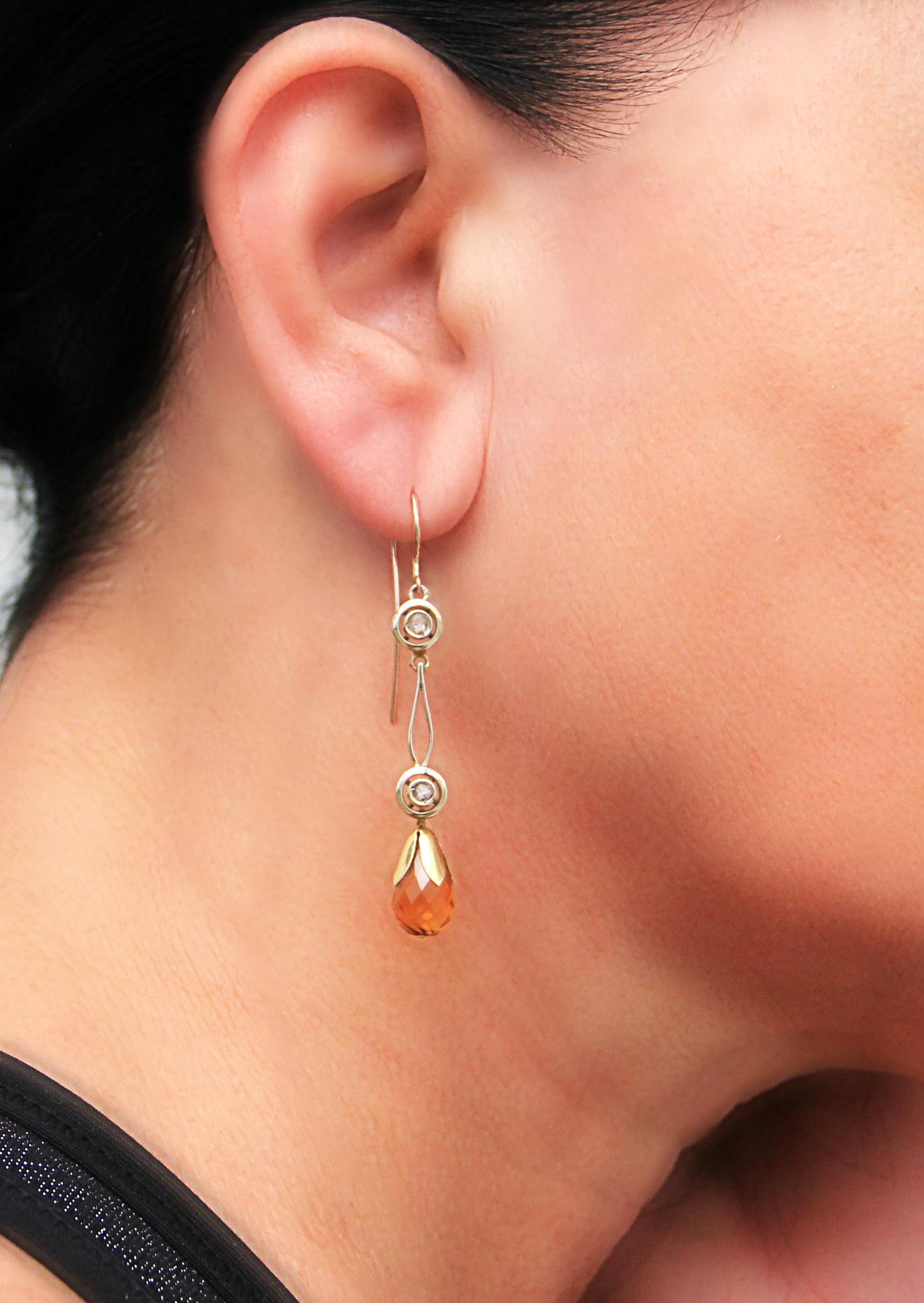 Briolette Cut Handcraft Topaz 9 Karat Yellow Gold Drop Earrings For Sale