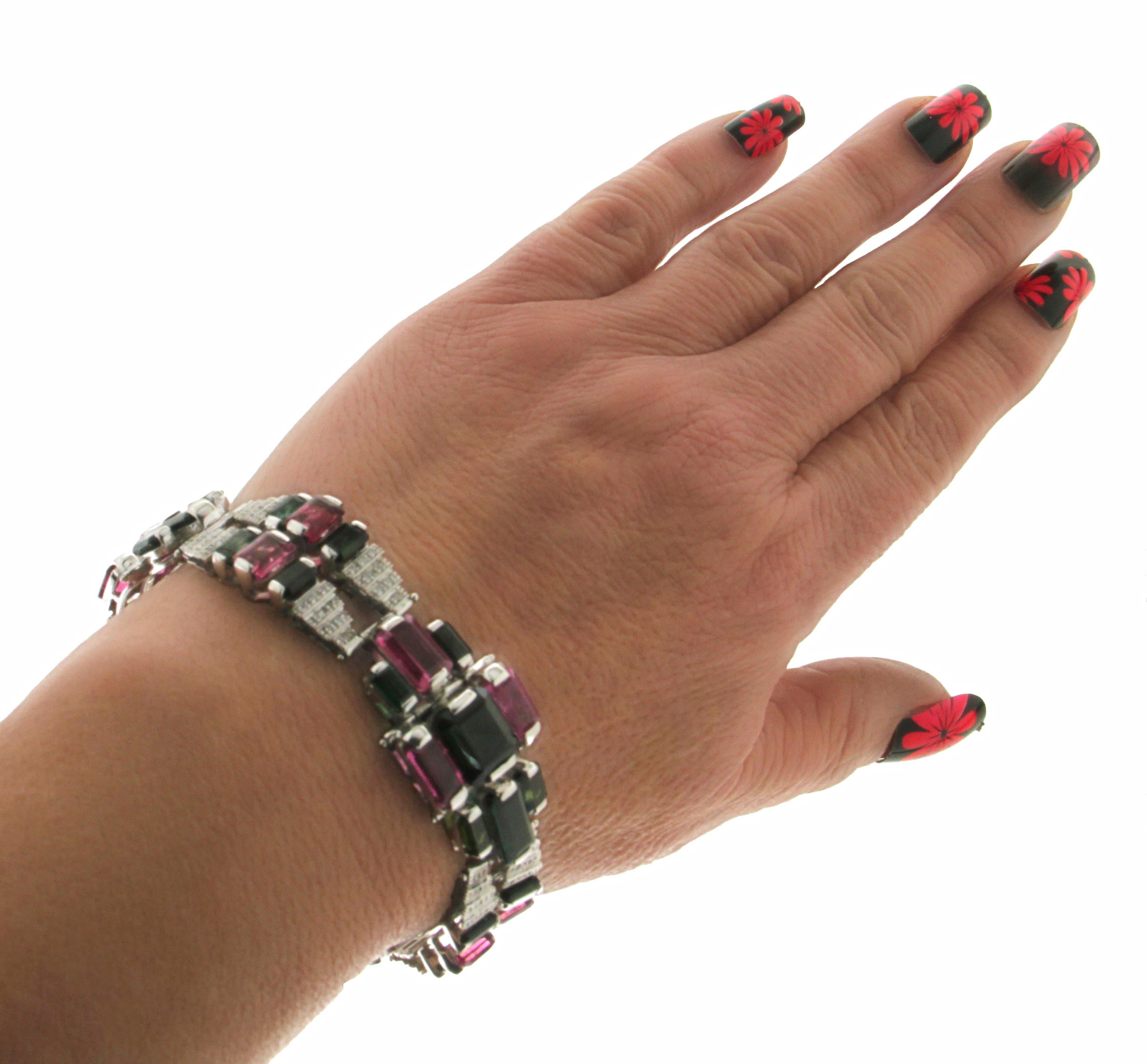 Bracciale artigianale con tormalina e diamanti in oro bianco 14 carati in vendita 2