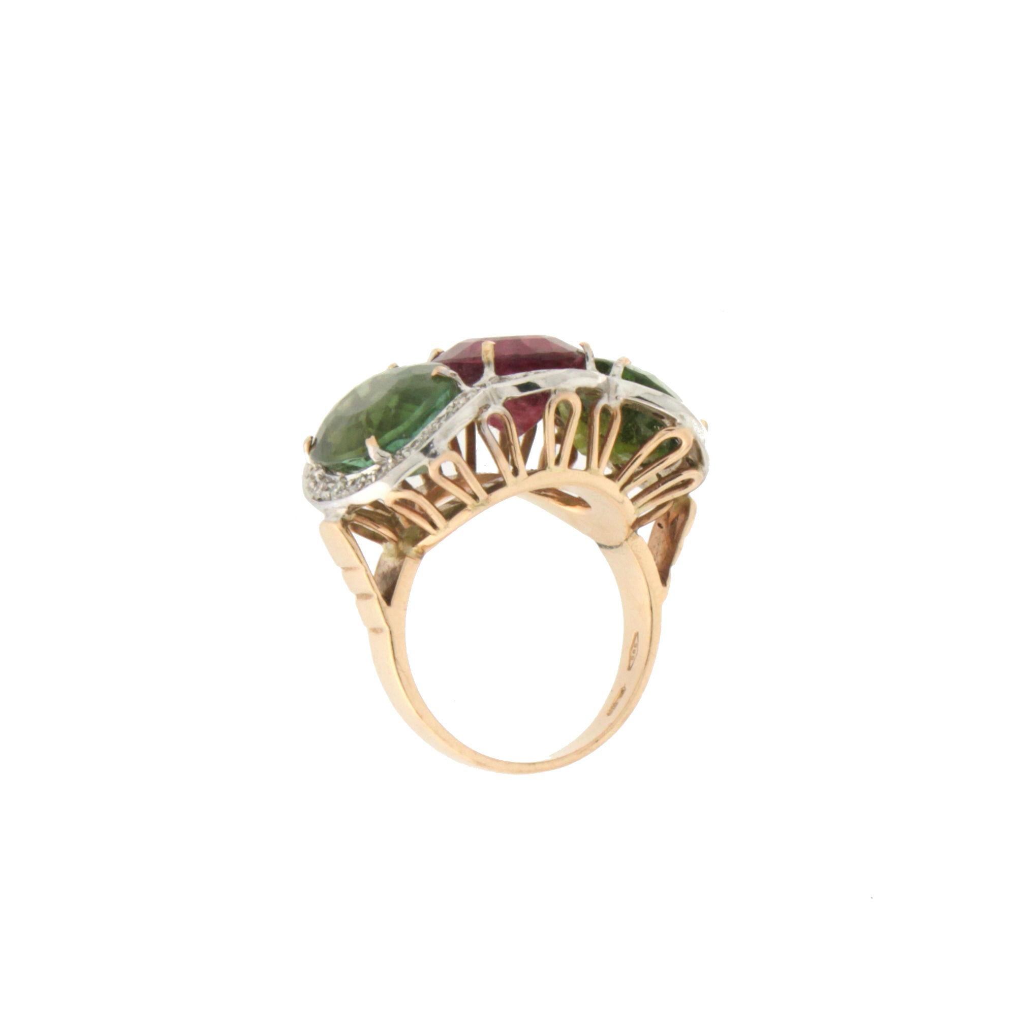 Handcraft Tourmaline 14 Karat Yellow and White Gold Diamonds Cocktail Ring In New Condition For Sale In Marcianise, IT