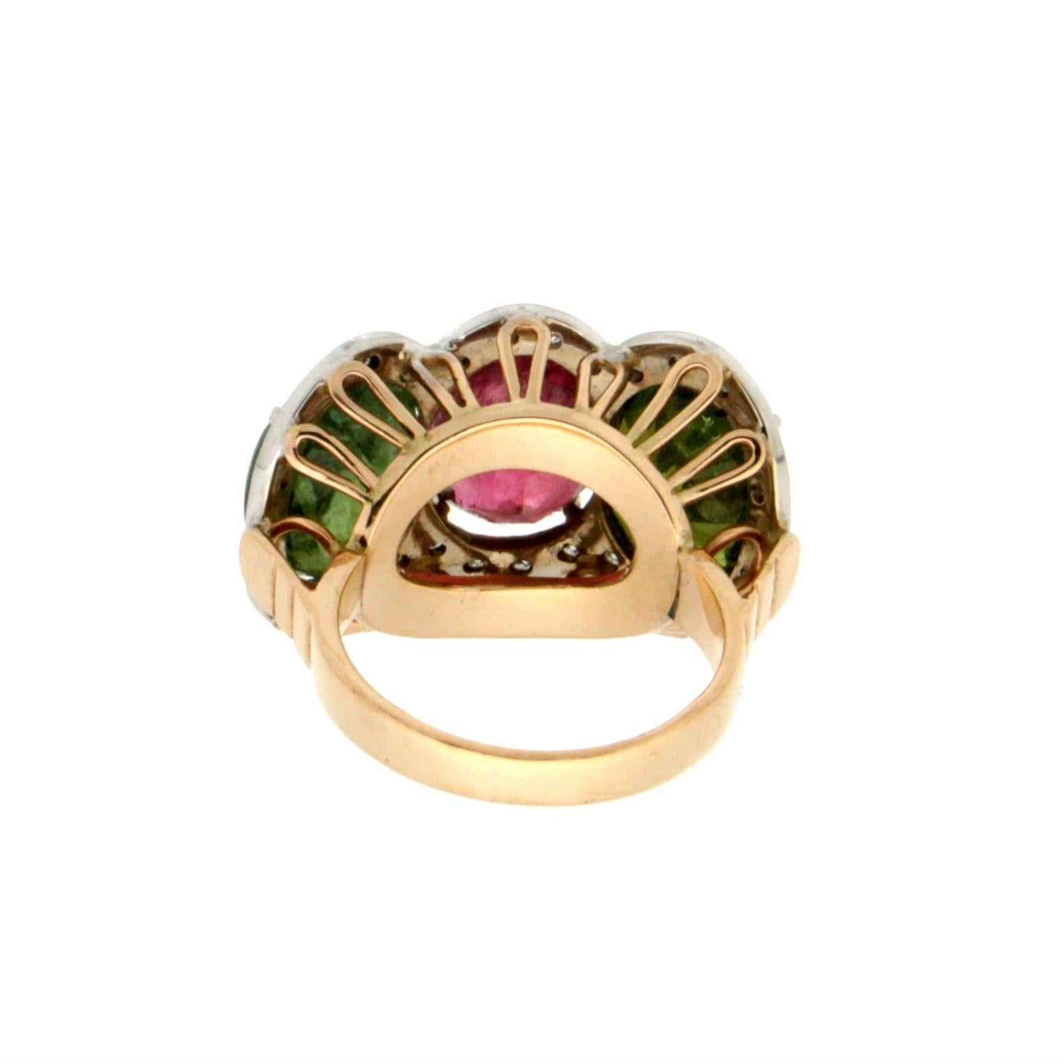 Women's or Men's Handcraft Tourmaline 14 Karat Yellow and White Gold Diamonds Cocktail Ring For Sale
