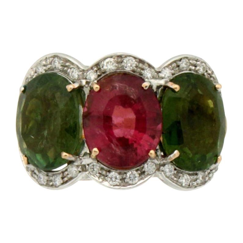 Handcraft Tourmaline 14 Karat Yellow and White Gold Diamonds Cocktail Ring For Sale