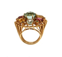 Handcraft Tourmaline 14 Karat Yellow Gold Aquamarine Sapphires Cocktail Ring