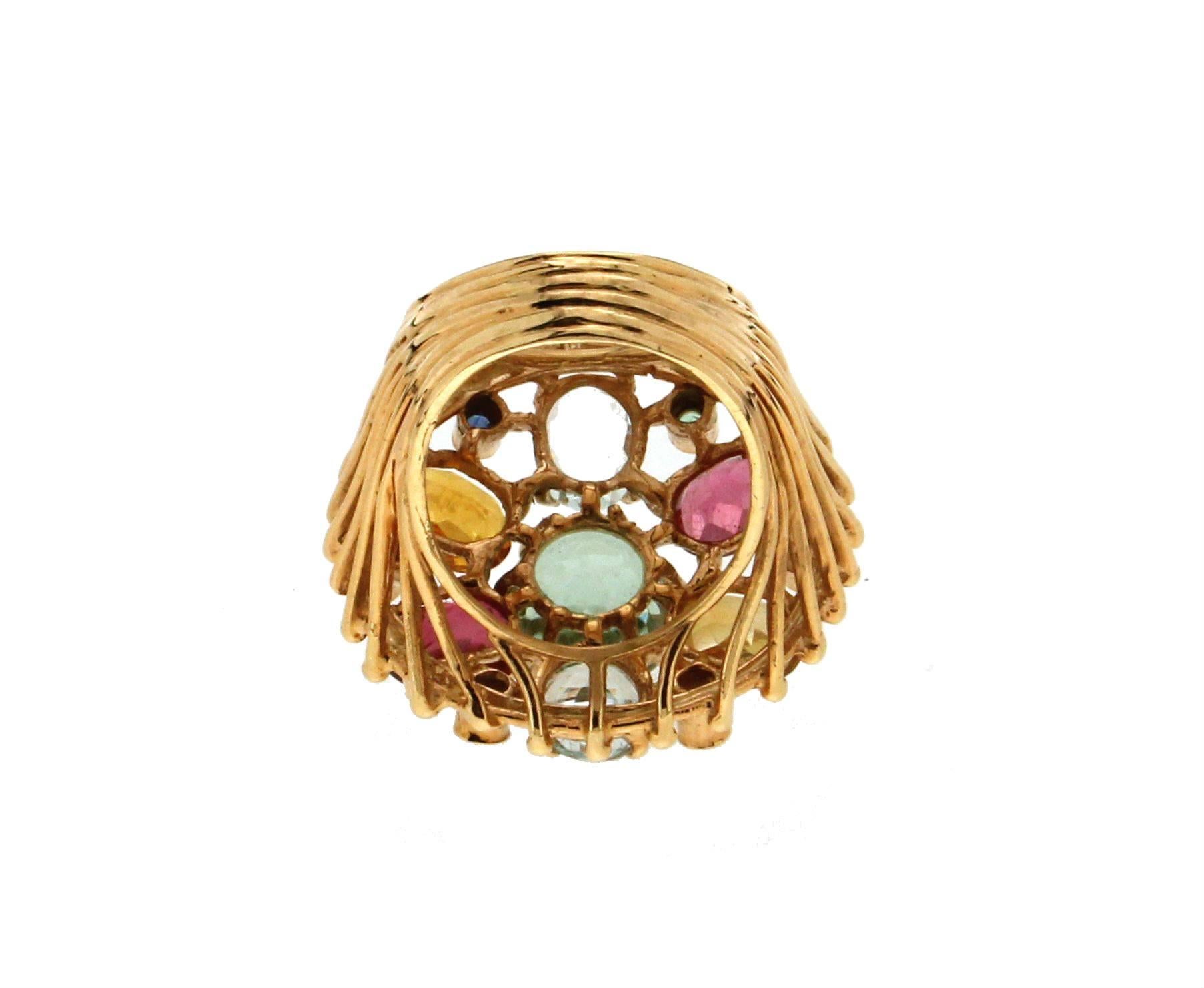 Handcraft Tourmaline 14 Karat Yellow Gold Aquamarine Sapphires Cocktail Ring In New Condition For Sale In Marcianise, IT