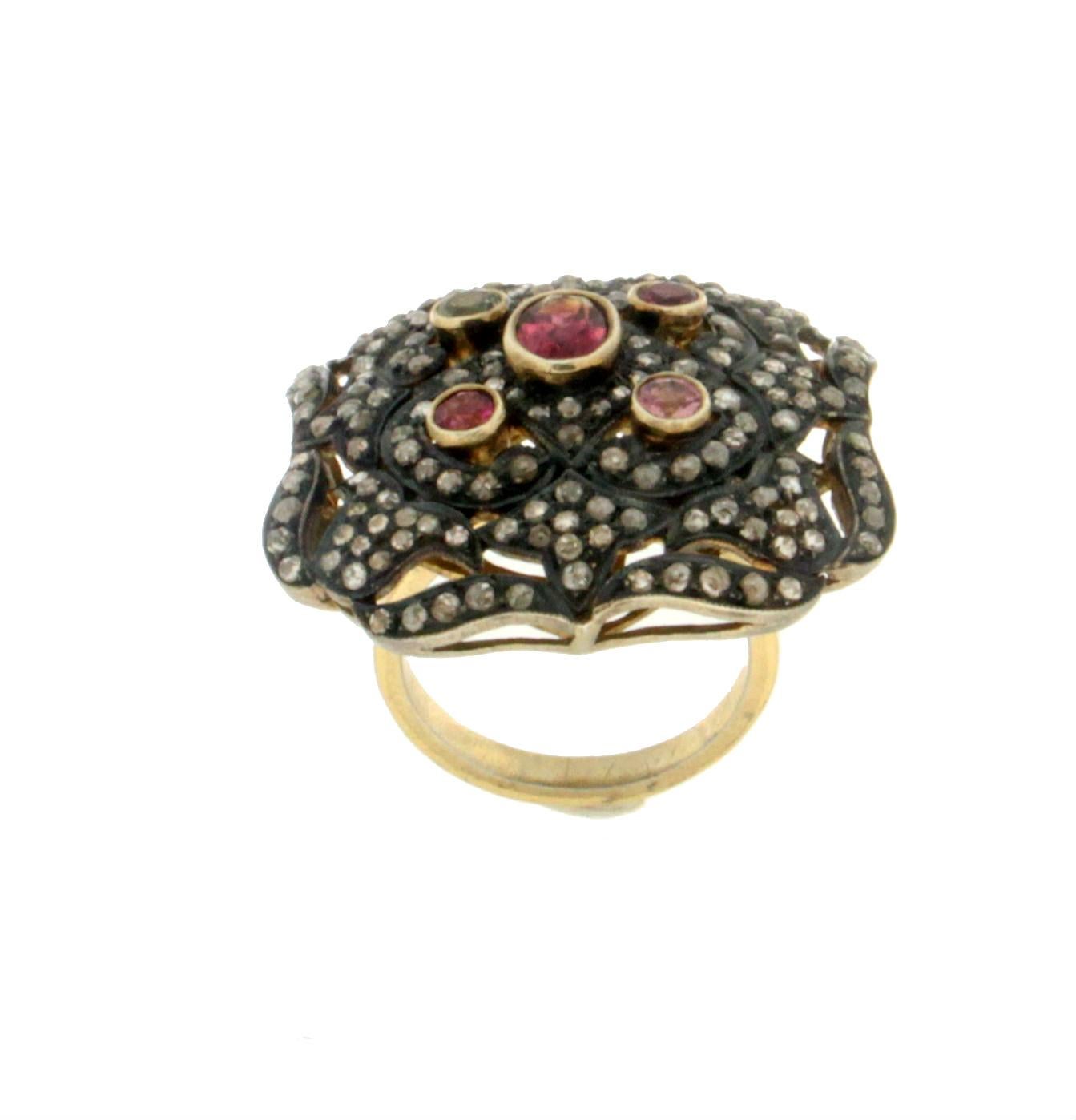Taille rose Bague cocktail artisanale en or jaune 14 carats avec tourmaline et diamants en vente