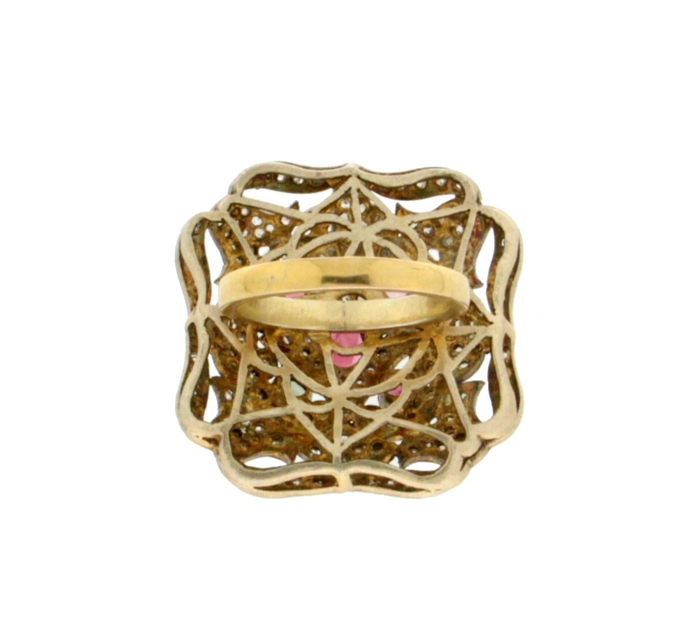 Bague cocktail artisanale en or jaune 14 carats avec tourmaline et diamants en vente 1