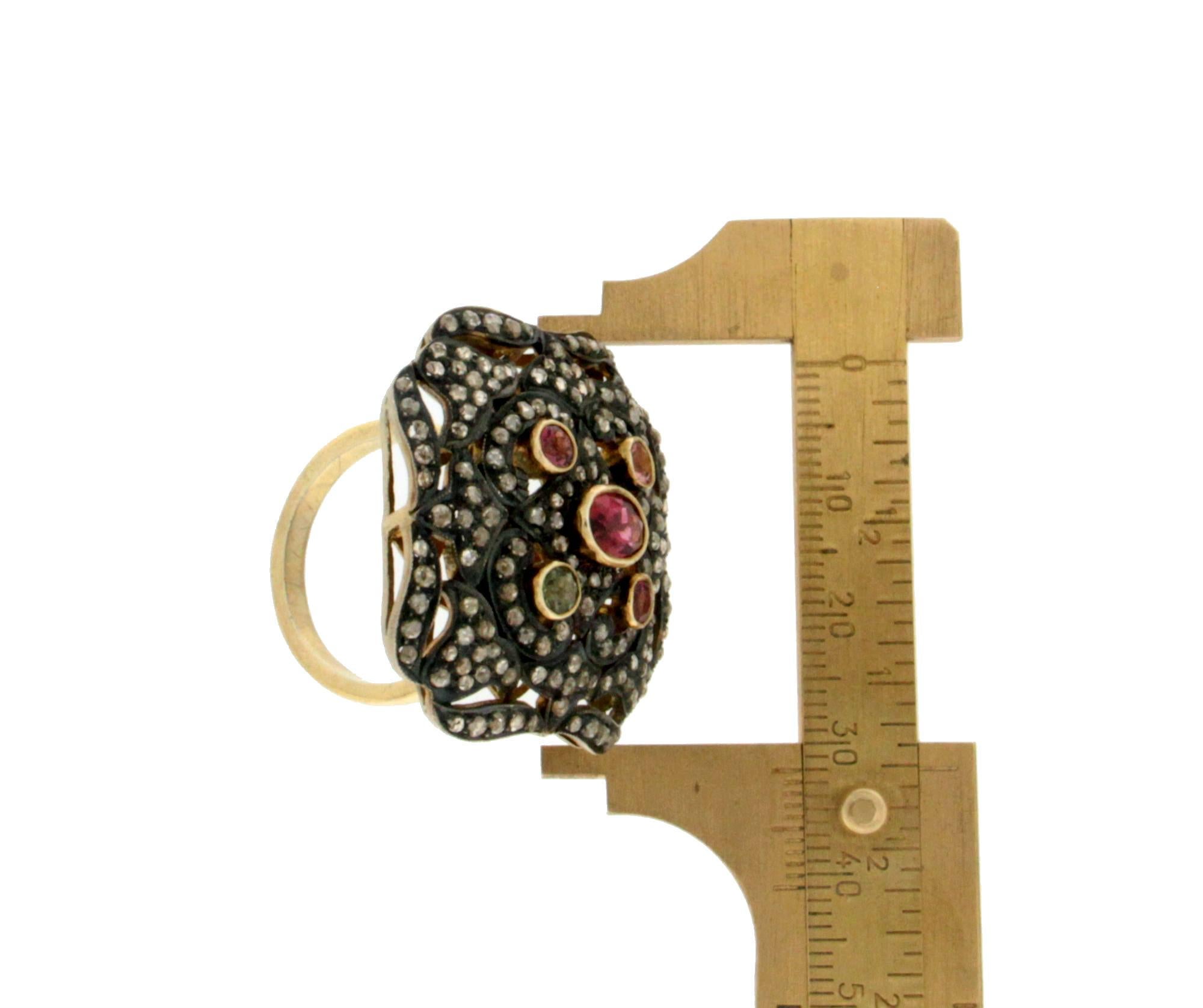 Bague cocktail artisanale en or jaune 14 carats avec tourmaline et diamants en vente 3