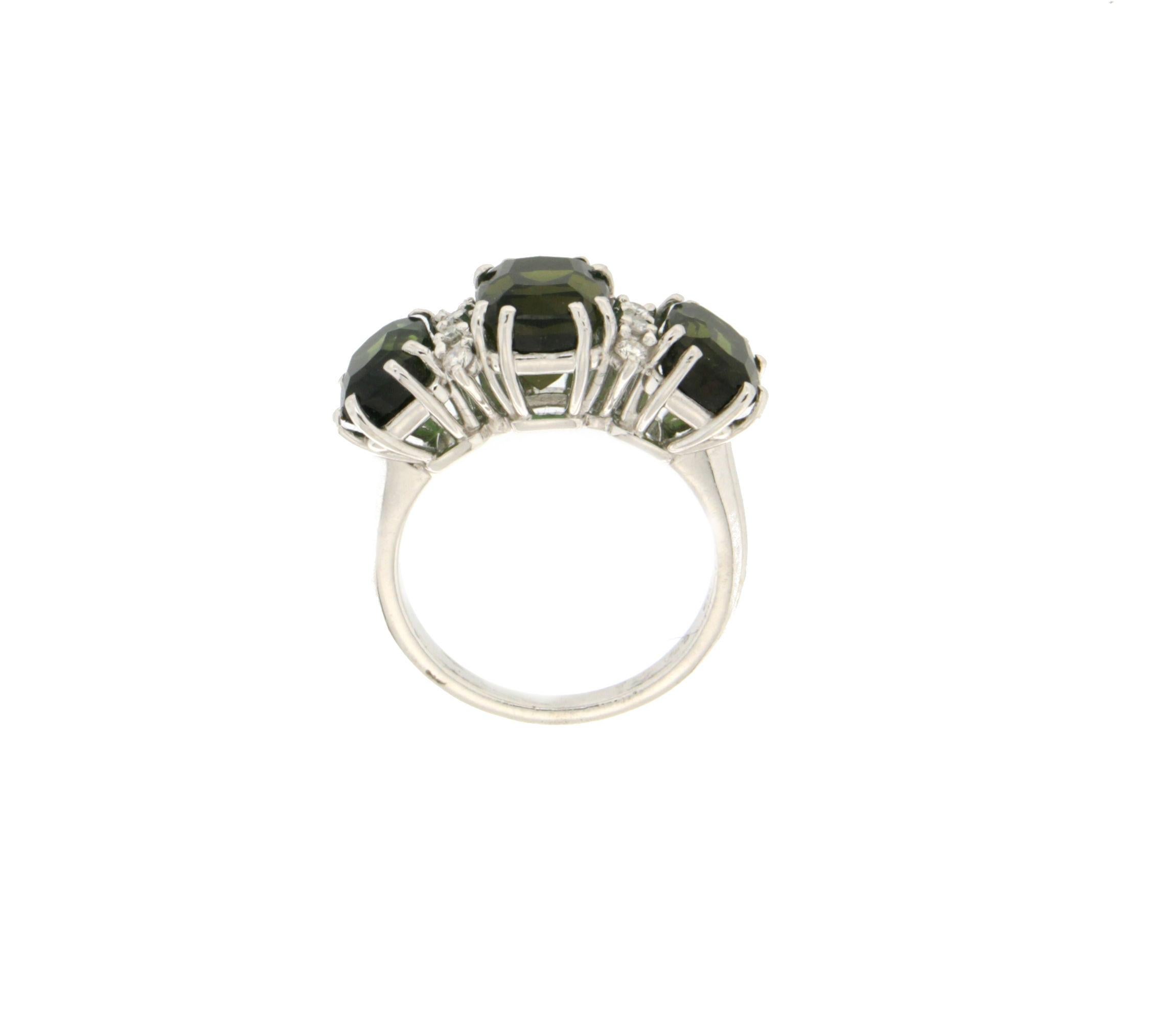 Handcraft Tourmaline 18 Karat White Gold Diamonds Cocktail Ring In New Condition For Sale In Marcianise, IT