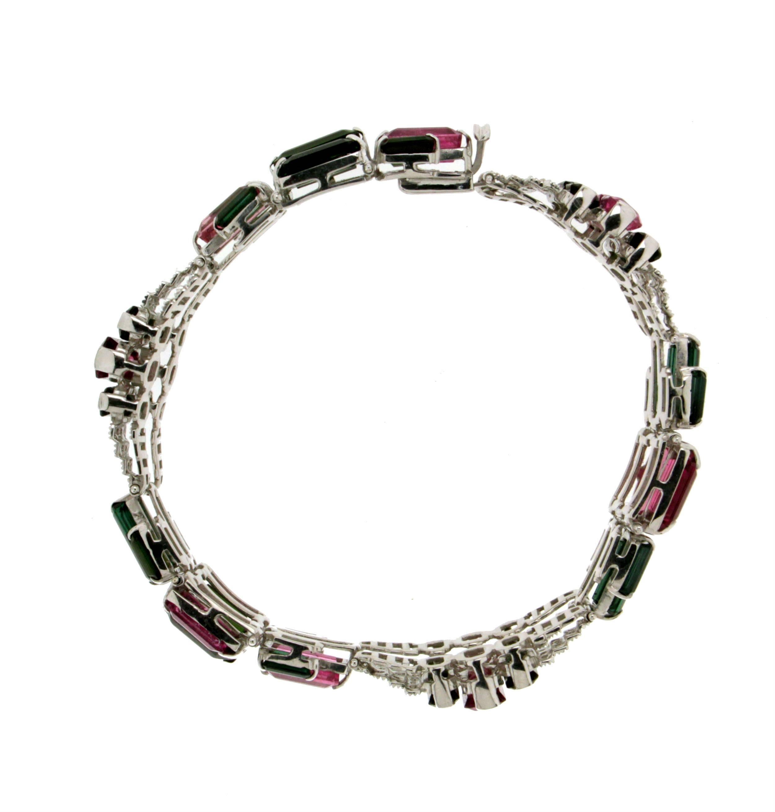 Handcraft Tourmaline 14 Karat White Gold Diamonds Cuff Bracelet For Sale 1