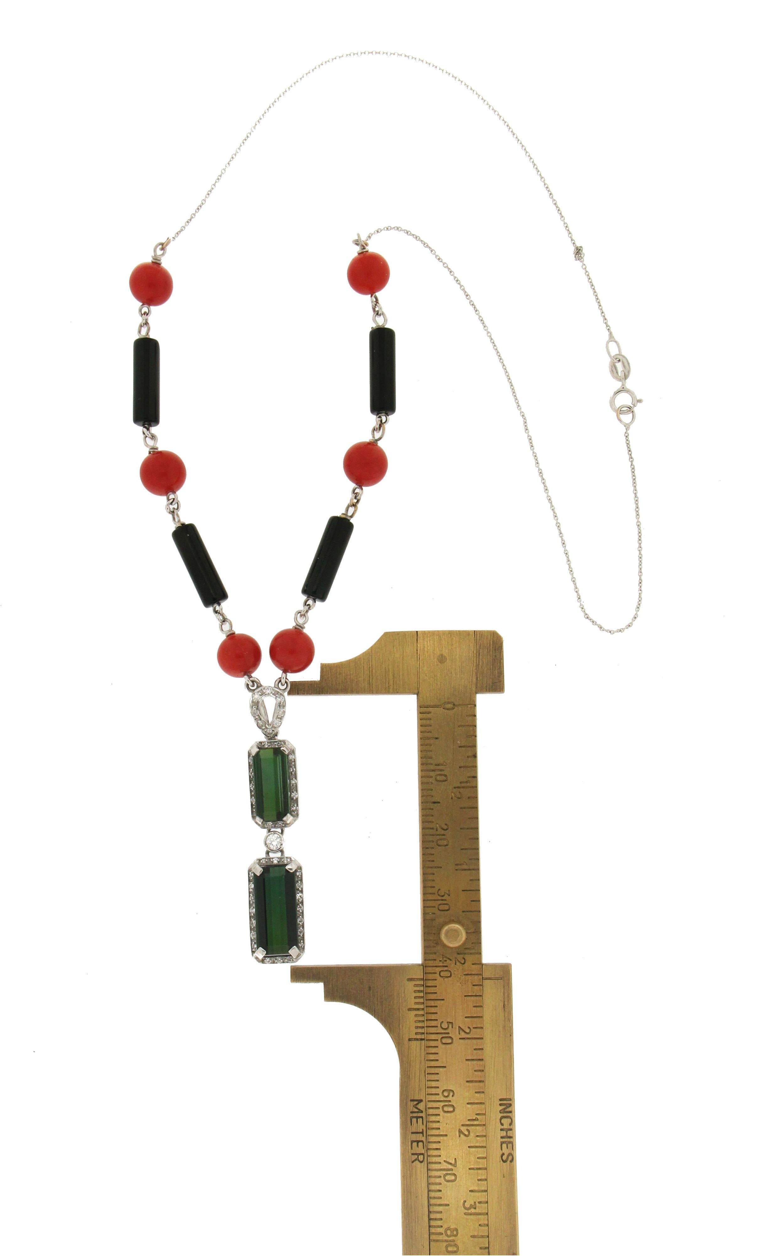 Handcraft Tourmaline 18 Karat White Gold Onyx Coral Diamonds Pendant Necklace In New Condition In Marcianise, IT